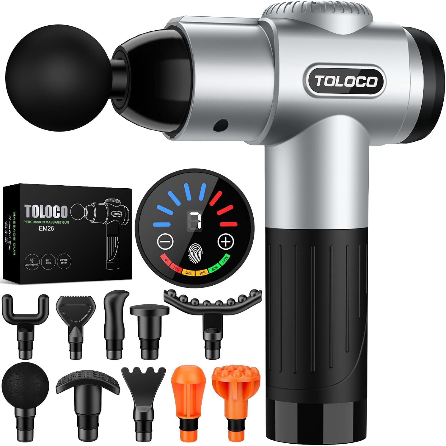 TOLOCO Massage Gun, Muscle Massage Gun Deep Tissue for Athletes with 10 Massage Heads, Electric Percussion Massager for Any Pain Relief, Fathers Day Dad Gifts, Silver