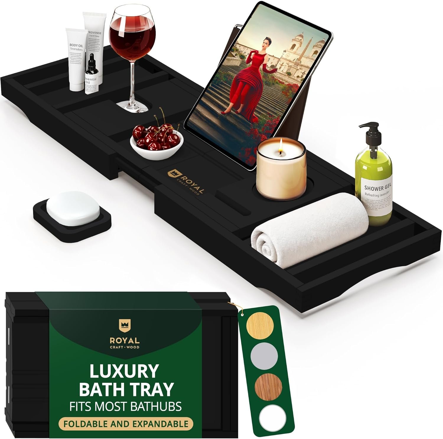 ROYAL CRAFT WOOD Premium Foldable Bathtub Tray Caddy – Wood Bath Tray for Tub, Bamboo Shelf, Expandable Bath Table Trays, Bathtub & Bathroom Accessories for New Home & Mothers, Birthday Gifts for Mom