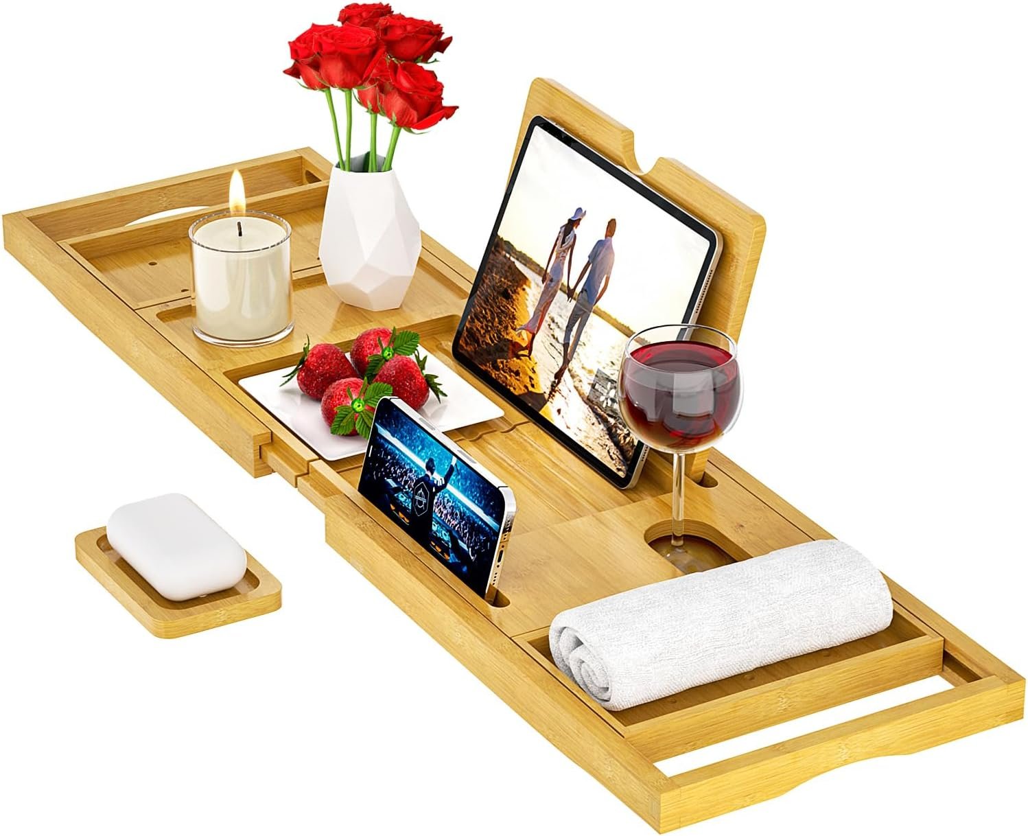 Premium Bathtub Tray Caddy – Bath Tray Bamboo Expandable – Bath Tub Tray Table for Bathtub – Expandable Size, Fits Most Bath Tubs – Natural Bamboo Wood