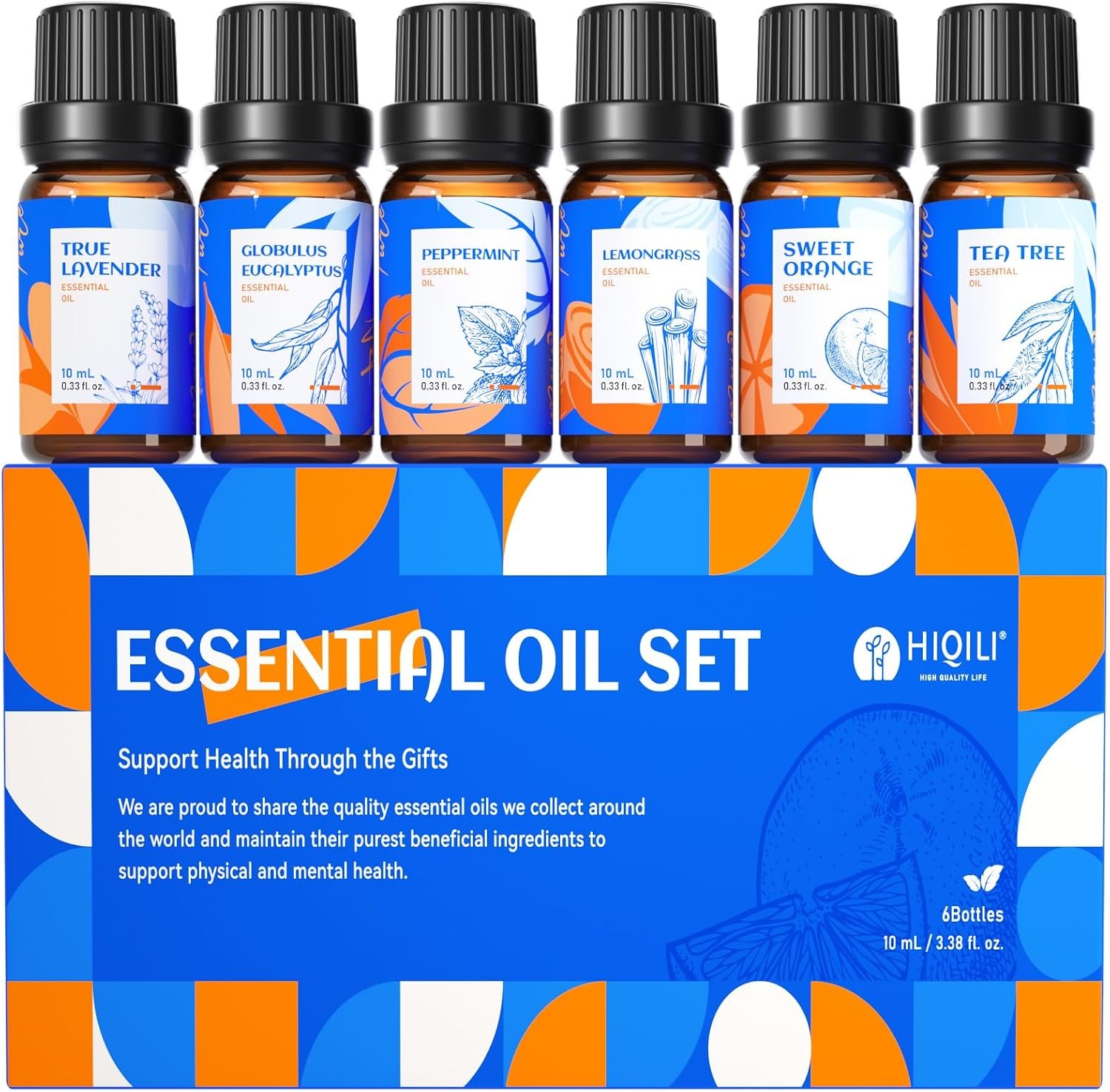 HIQILI Essential Oils for Diffusers for Home, Top 6 Gift Essential Oil Set | Include Lavender, Orange, Peppermint, Tea Tree, Eucalyptus, Lemongrass, Beginner Kit (10ML*6)