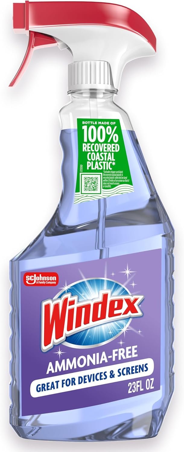 Windex Glass and Window Cleaner Spray Bottle, Ammonia Free, Bottle Made from 100% Recovered Coastal Plastic, Surface Cleaning Spray, Crystal Rain Scent, 23 Fl Oz