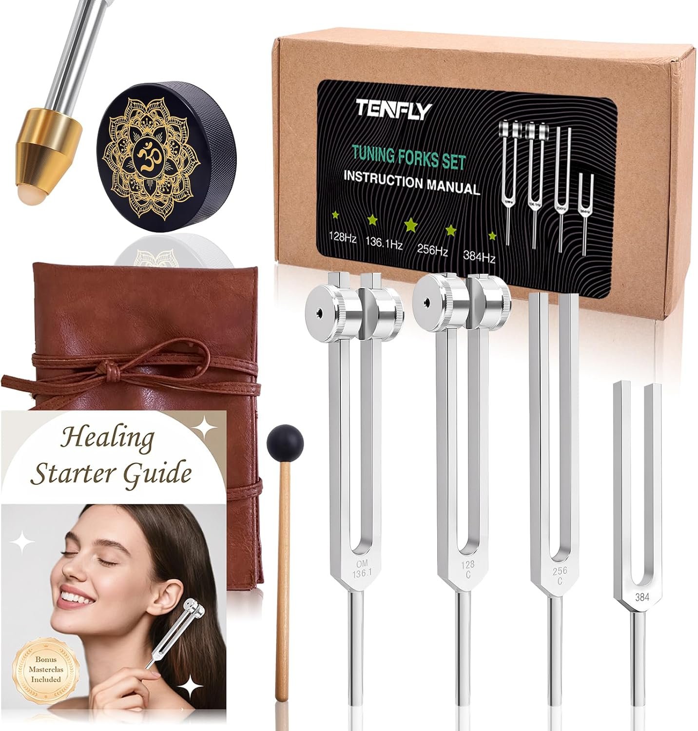 Tuning Forks for Healing Set – Includes 128Hz, 136Hz, 256Hz, 384Hz & Activator, Perfect for Healing, Chakra, Sound Therapy, Keep Body, Mind and Spirit in Perfect Harmony
