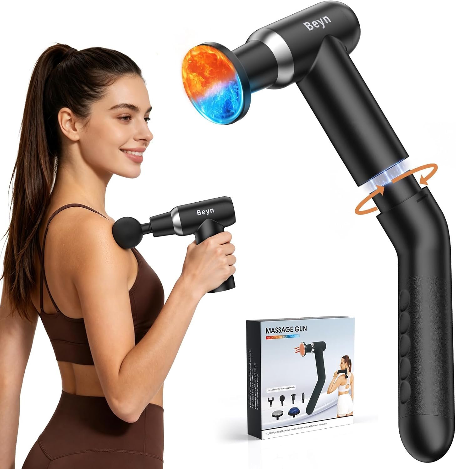 Beyn Hot and Cold Massager Gun with Detachable Extended Handle, 6 Massage Heads & LCD Display – Deep Tissue Massager for Neck Back Body Muscle Pain Relief