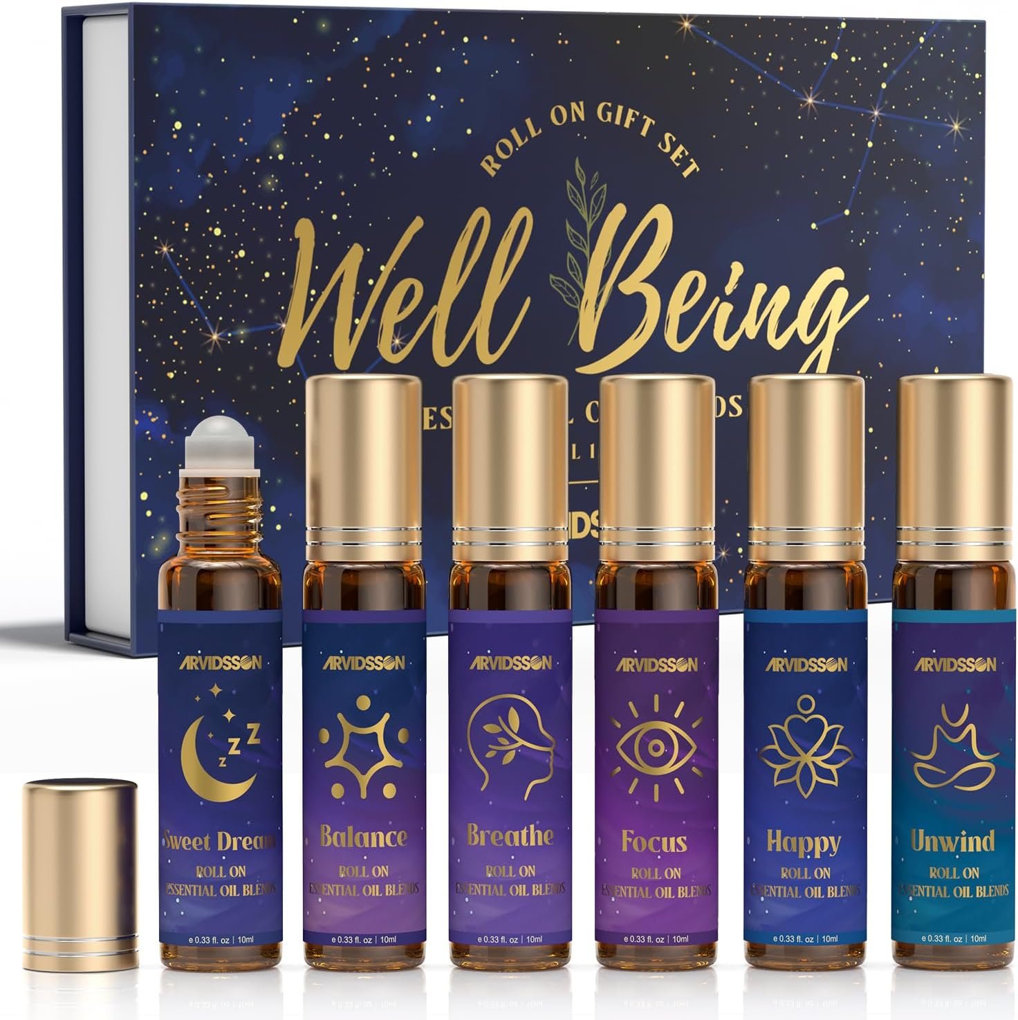 ARVIDSSON Essential Oils Roll On Set, Natural Self Care Essential Oil Blends Gift for Women – Sweet Dream, Unwind, Breahte, Balance, Focus, Happy, Aromatherapy Oil Roller for Body, Massage