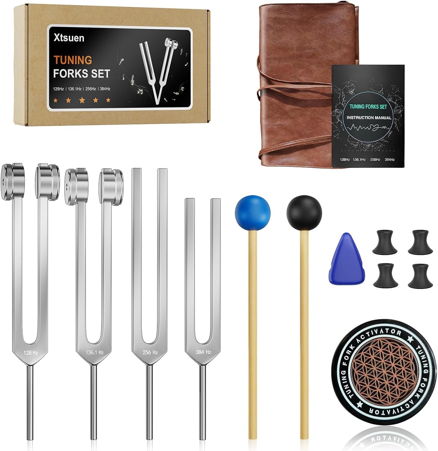 Tuning Fork Kit for Healing – 128Hz, 136.1Hz, 256Hz, 384Hz Weighted & Unweighted Tuning Forks for Chakra Sound Therapy, Meditation, Yoga, Stress Relief & Relaxation – Comes with Pouch, Ideal Gift