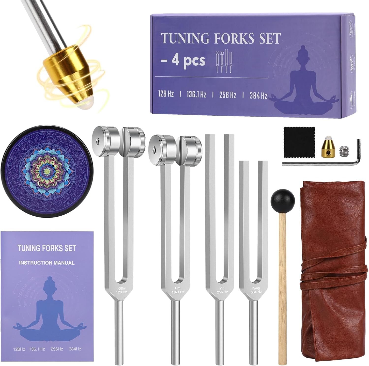 Tuning Forks for Healing Set (128Hz, 136.1Hz, 256Hz, 384Hz) – Sound Healing Instruments with Pure Frequencies, Harmony Generator for Meditation, Yoga & Chakra Therapy