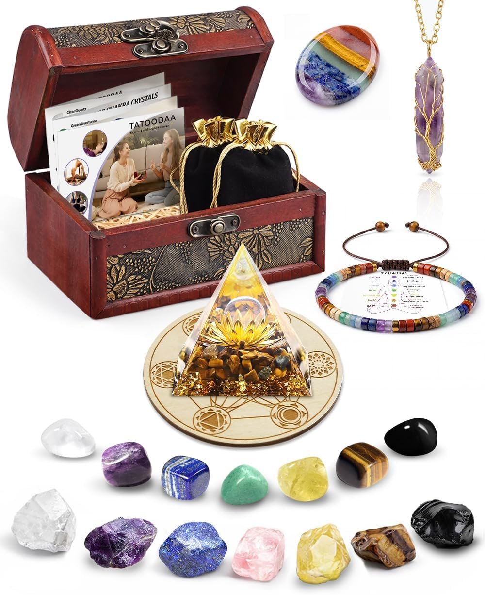 Crystals and Healing Stones Set – Chakra Crystals, Thumb Worry Stones, Golden Orgone Pyramid for Positive Energy – Flower of Life, Chakra Bracelets, 7 Chakra Stones Set, Birthday Gifts for Women