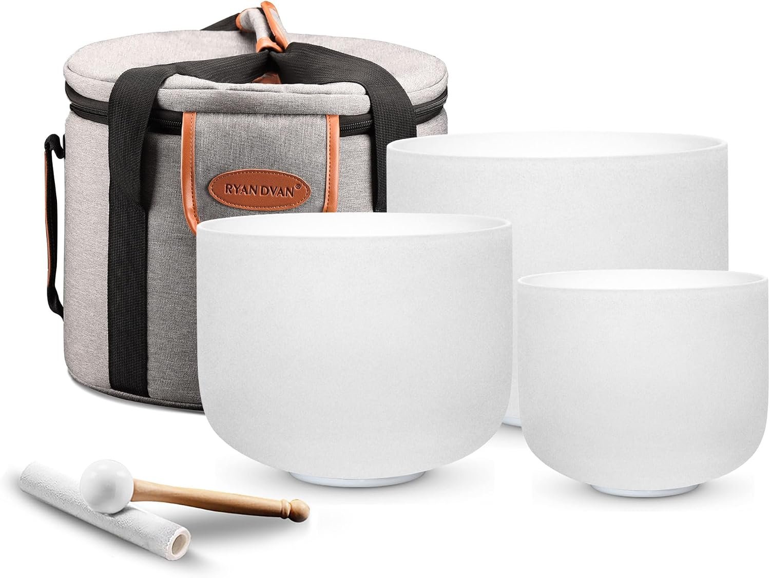 Ryan Dvan 3Pcs Set of 6inch 7 inch 8 inch Crystal Singing Bowl Sound bath Bowl with Padded Carrying Case and Suede Striker Sound Health Bowl 432hz White set 6-8 Inch (6B+7G+8F)