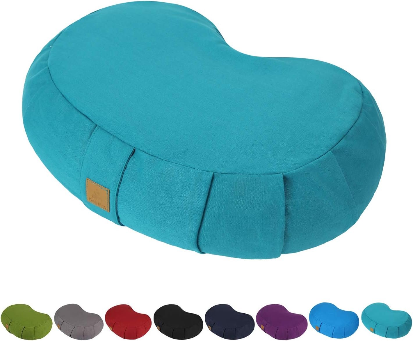 Crescent Zafu Meditation Pillow, D=17″ W=11″ H=5.5″ Zabuton Yoga Bolster, Meditation Cushion, Floor Pouf Yoga Pillow Zippered Organic Cotton Cover Natural Buckwheat kneeling pillow – Large