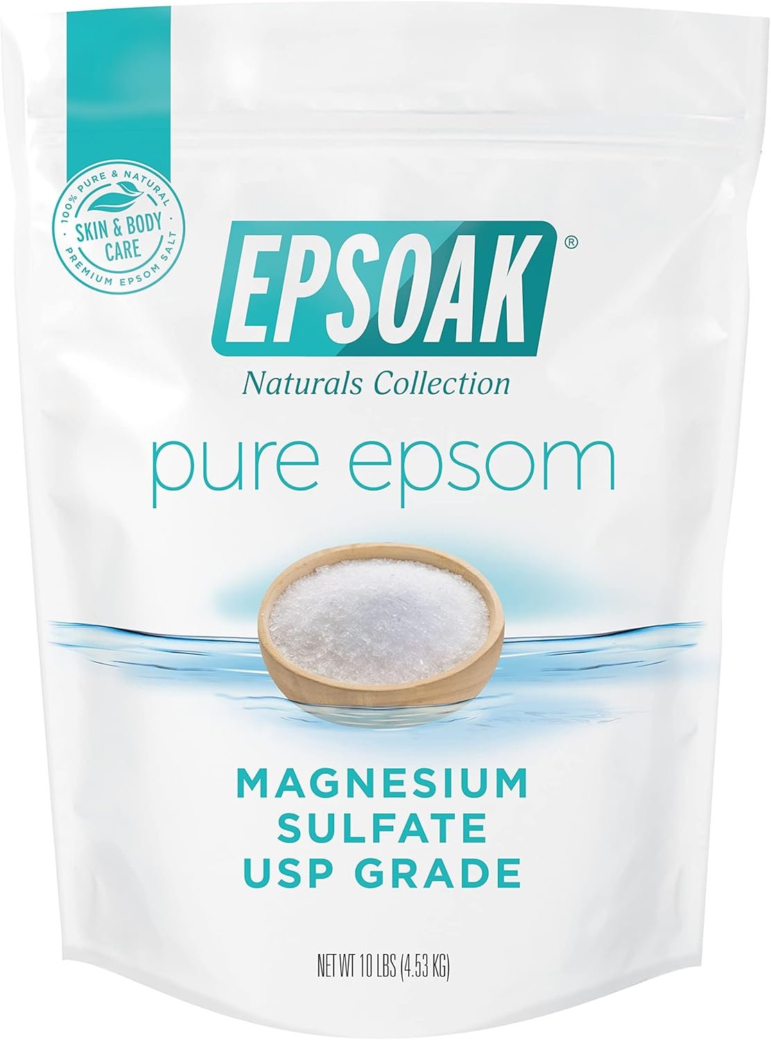 Epsoak Epsom Salt 10 lb. Magnesium Sulfate USP. Resealable Epsom Salt Bag Unscented, Made in The USA, Cruelty-Free Certified