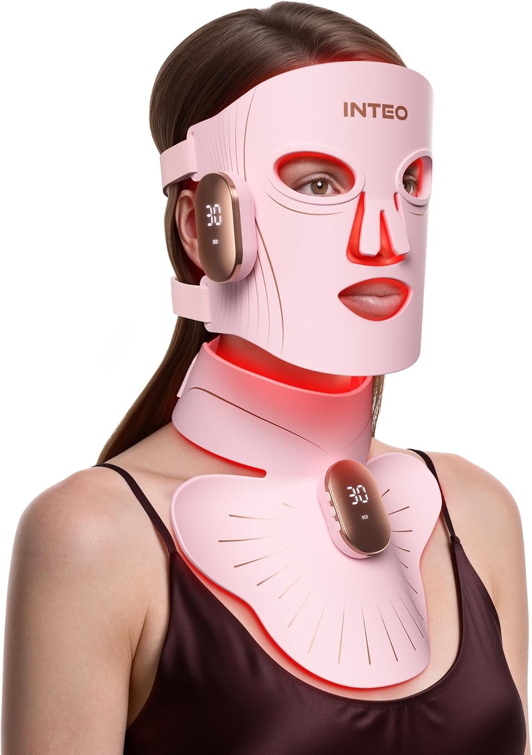 Red Light Therapy Mask for Face & Neck, 4 Light Modes 660nm & 850nm Red Infrared LED, 2000mAh Cordless LED Face Mask, 680 LEDs, Hands-Free Anti-Aging Skin Firming Portable Skincare for Home (Pink)