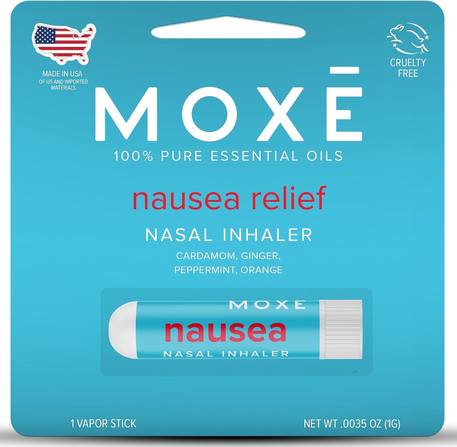 MOXE Nausea Nasal Inhaler Sticks, All Natural Essential Oil Blend, Ginger, Cardamom, Peppermint, Sweet Orange, Upset Stomach, Headaches, Easy-to-Use Portable Aromatherapy, 1 Pack