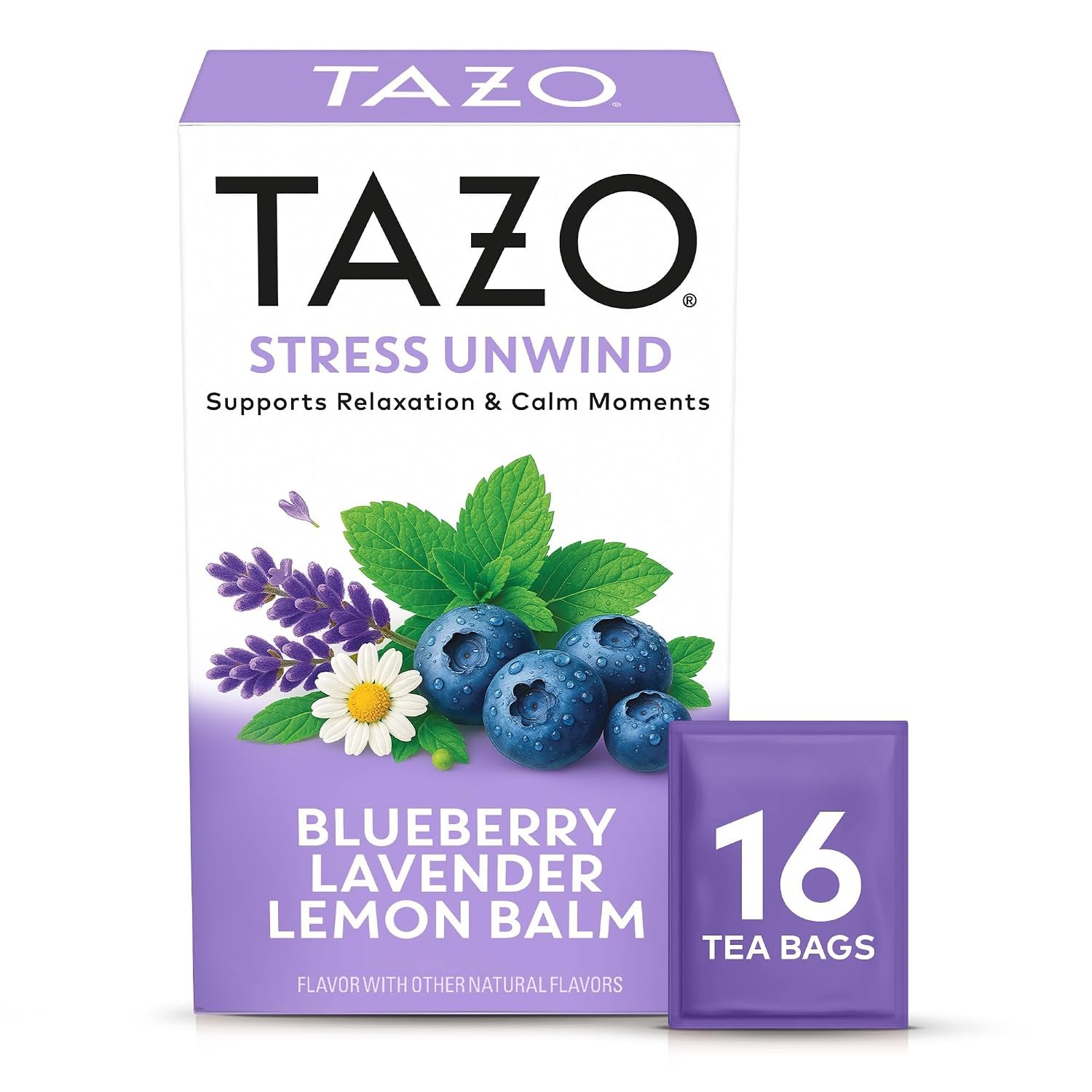 TAZO Herbal Tea Bags, Stress Unwind Blueberry Lavender Lemon Balm, 16 Count (Pack of 1)