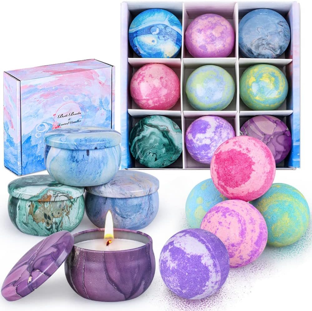 Bath Bombs Gift Set – 5 Large Fizzy Spa Bombs with 4 Scented Candles for Women – Moisturizing Bubble Bath with Essential Oils for Valentine’s, Birthday Gifts
