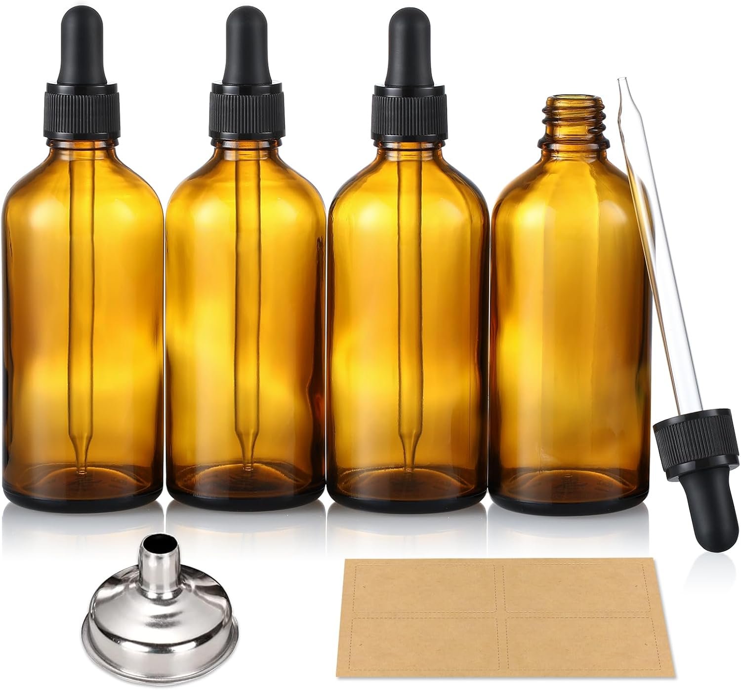 AOZITA 4 Pack, 4 oz Dropper Bottles with 1 Funnel & 4 Labels – Essential Oils Bottles for Health, Personal Care & Beauty – 120ml Thick Dark Amber Glass Tincture Bottles with Eye Droppers, Leakproof