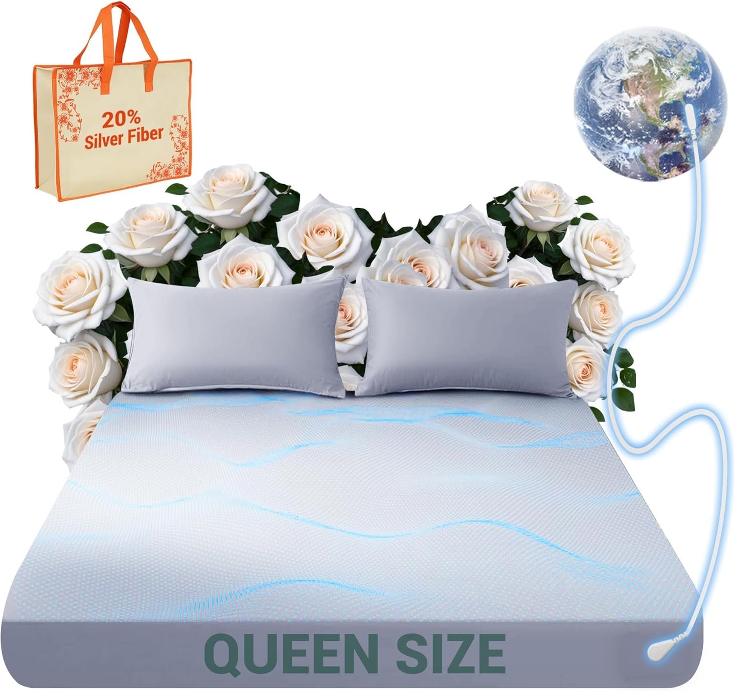 Grounding Sheets Queen, 80% Organic Cotton +20% Silver Fiber, Grounding Sheets Can Improve Sleep and Sub-Health, Anti-Static Grounding Fitted Sheet with 15 ft Gounding Wire(Gray,60″x80″x13″)