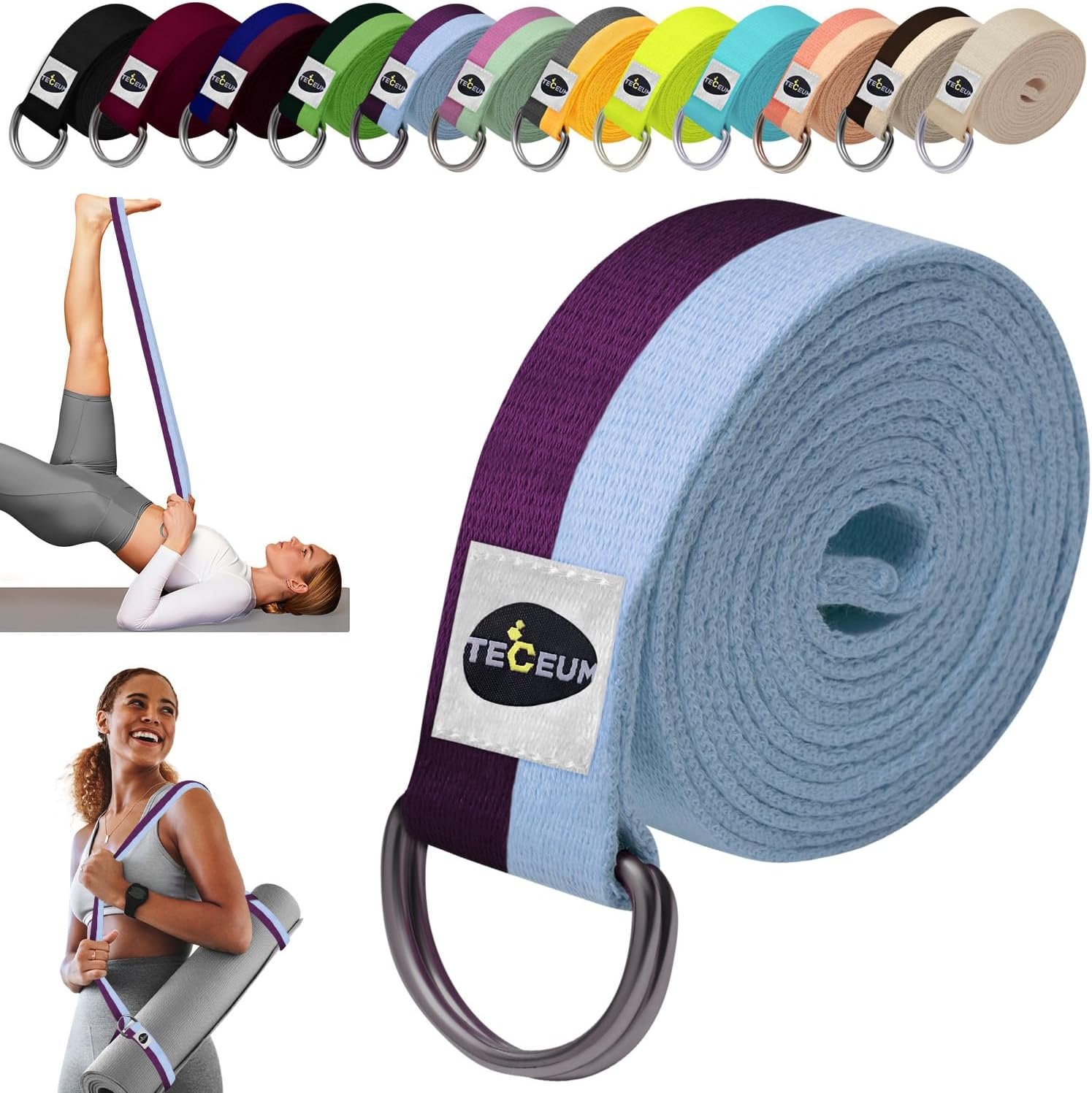 TECEUM 2 IN 1 Yoga & Mat Strap for Stretching – Cotton – 6/8/10 ft | Adjustable Non-Slip Belt in 30+ Colors for Yoga, Pilates, Physical Therapy, Fitness, Home Workouts and Carrying Mats
