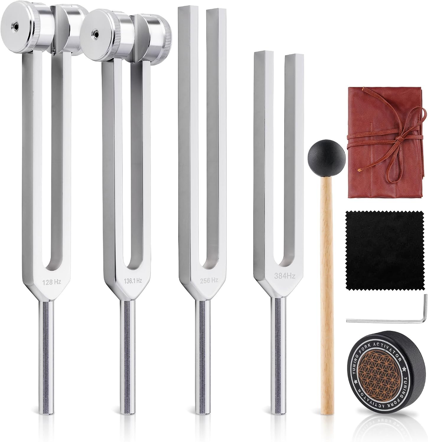 Tuning Forks for Healing Set-128Hz, 136.1Hz, 256Hz, 384Hz Weighted & Unweighted with Activator & Pouch-Complete Sound Therapy Kit for Chakra Balancing, Yoga, Meditation, Stress Relief & Energy Healing