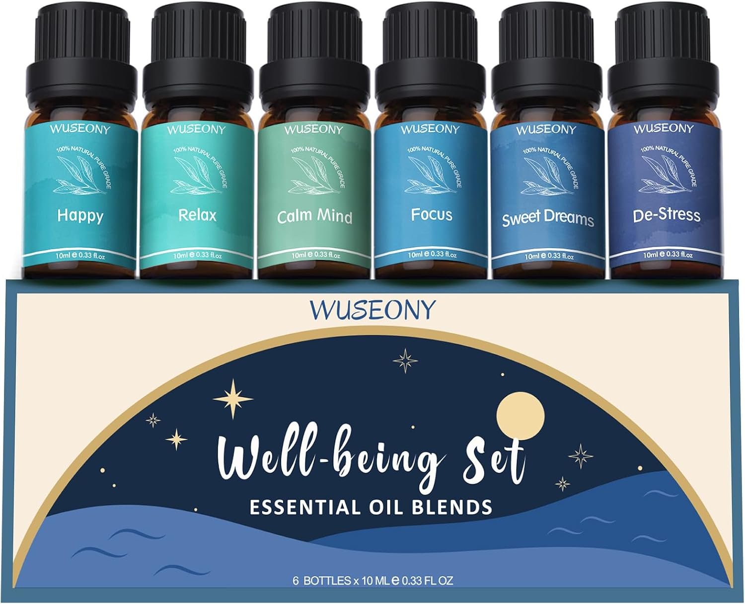 WUSEONY Well-Being Essential Blends Oils Set, Aromatherapy Oils Gift Set for Diffusers Home, Fragrance Oil Scent for Candle Soap Making – Happy, Calm Mind, De-Stress, Relax, Focus, Sweet Dreams