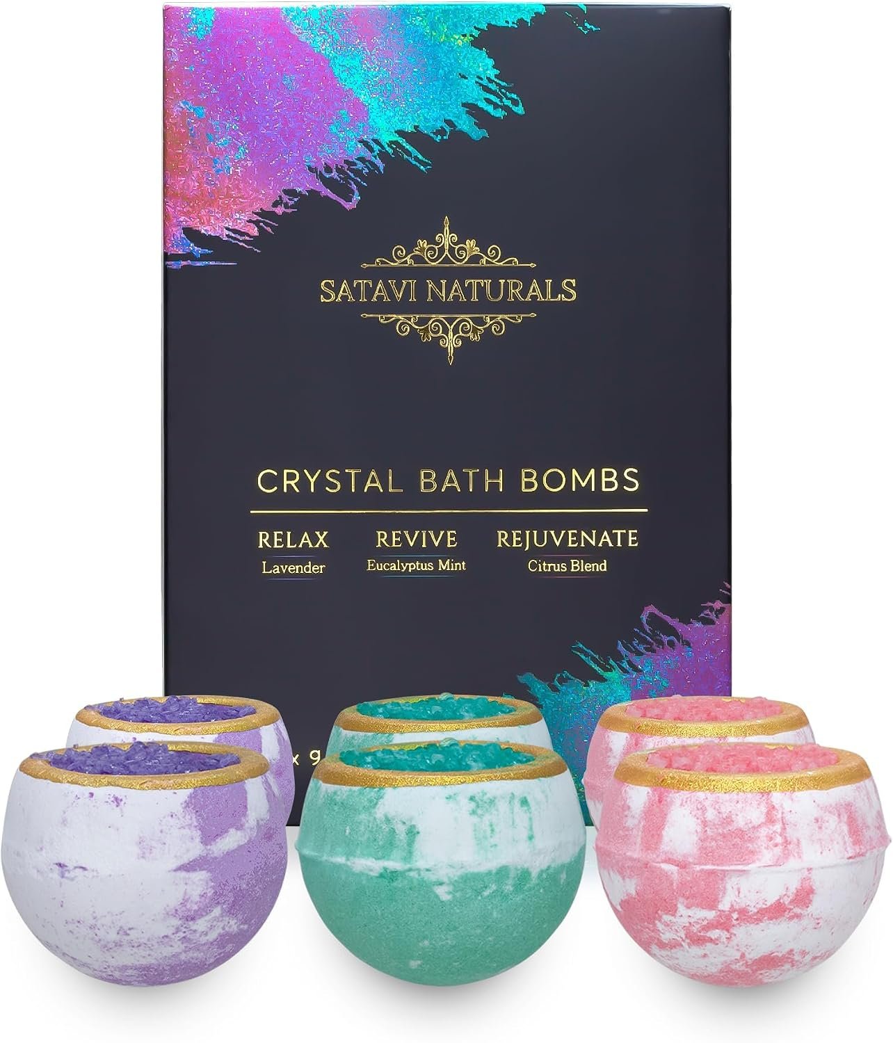 Crystal Bath Bombs Gift Set (6 Pack) – Aromatherapy Geode Fizzies with Nourishing Bath Salts – Lavender, Eucalyptus Mint & Citrus – Spa Gifts for Women, Relaxation & Moisturizing