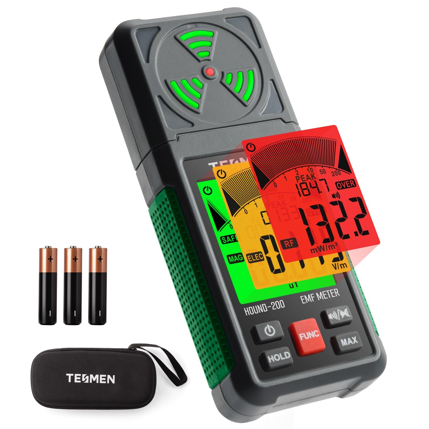 TESMEN EMF Meter, Hound-200 EMF Detector: 3-in-1 Portable Electromagnetic Field Radiation Detector for EF, RF, MF, WiFi Signal, Suitable for Home, Office EMF Inspections and Ghost Hunting – Green