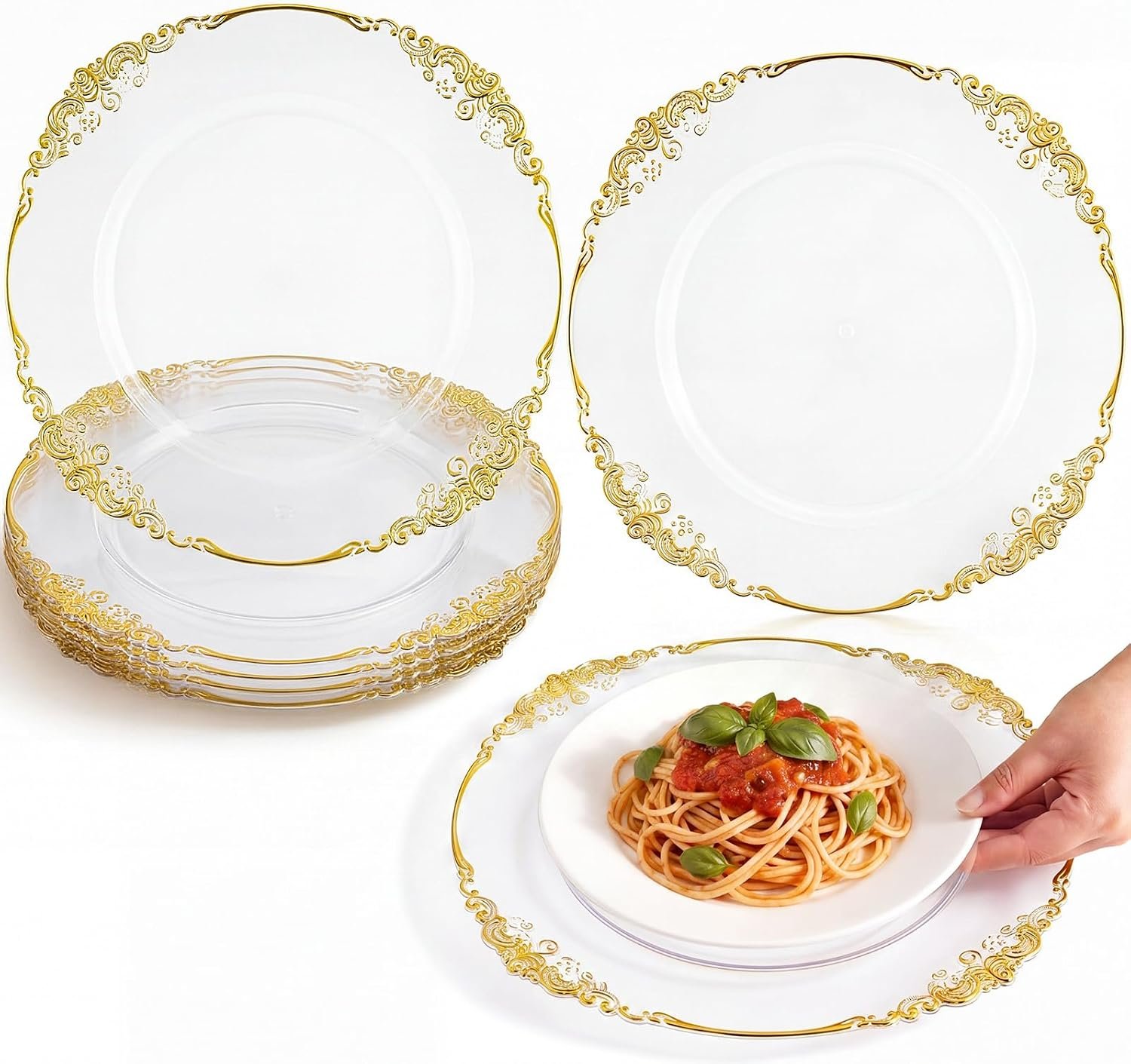 Havawish 6 Pcs Clear Gold 13 Inch Charger Plates Bulk Sturdy Acrylic Baroque Dinner Plates with Elegant Embossed Edge for Wedding, Banquet, Party Decor and Table Setting