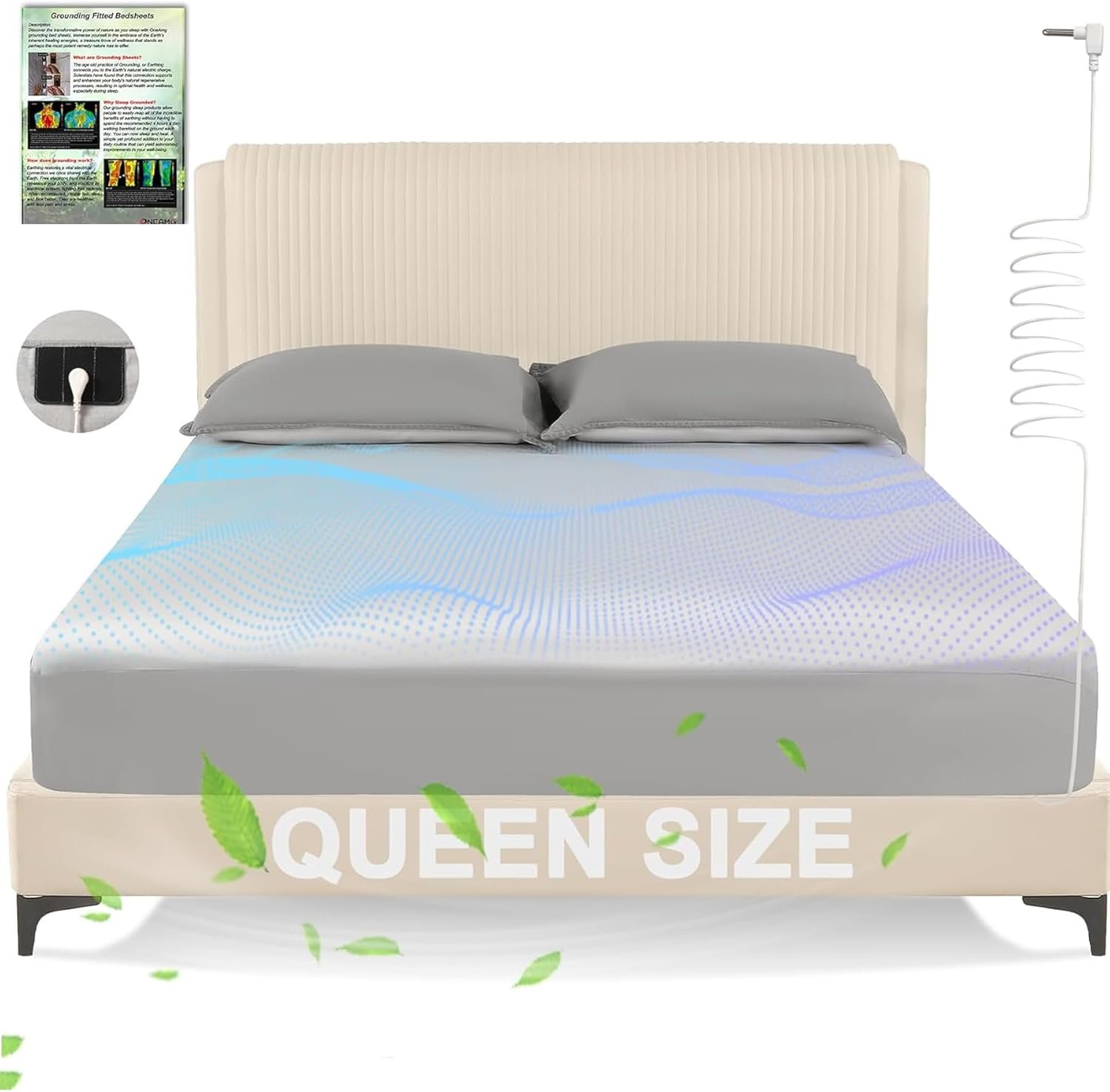 Grounding Sheets Queen Size, Earth Grounded Fitted Bed Sheet with 10% Pure Silver Fiber + 90% Organic Cotton, for Improved Sleep & Wellness (Gray, Queen – 80″x60″x15″)