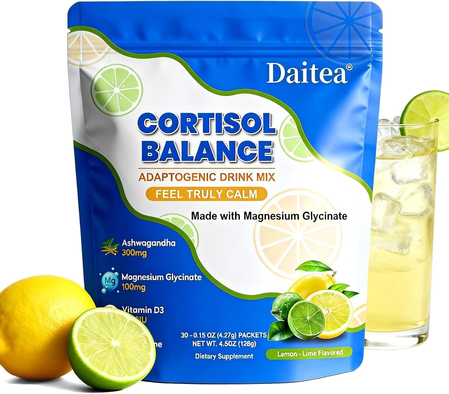 Cortisol Calm Drink Mix with Magnesium Glycinate Powder, L-Theanine, Vitamins, and Ashwagandha for Relaxation & Focus | Adaptogen Drink & Cortisol Support | 30 Packets (Lemon & Lime Flavor)