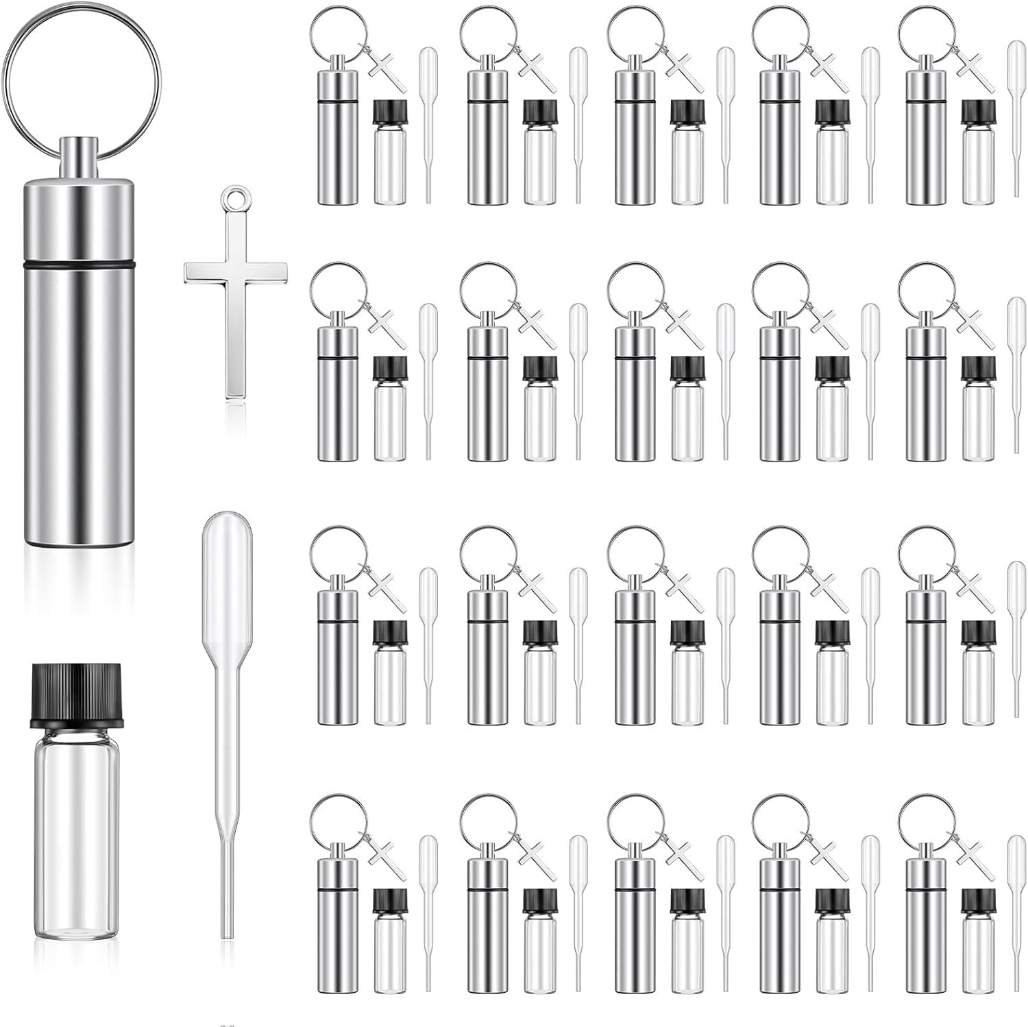 20 Sets Silver Anointing Oil Bottles Keychain Vial Holy Water Container with Dropper Cross Pendant for Baptism Favor