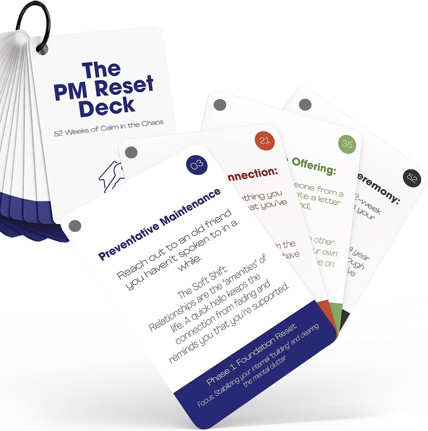 PM Reset Deck: 52 Weeks of Calm in the Chaos – Self-Care Card Deck for Burned-Out Professionals and Busy Adults, Weekly Actionable Challenges on Punch-Hole Ring