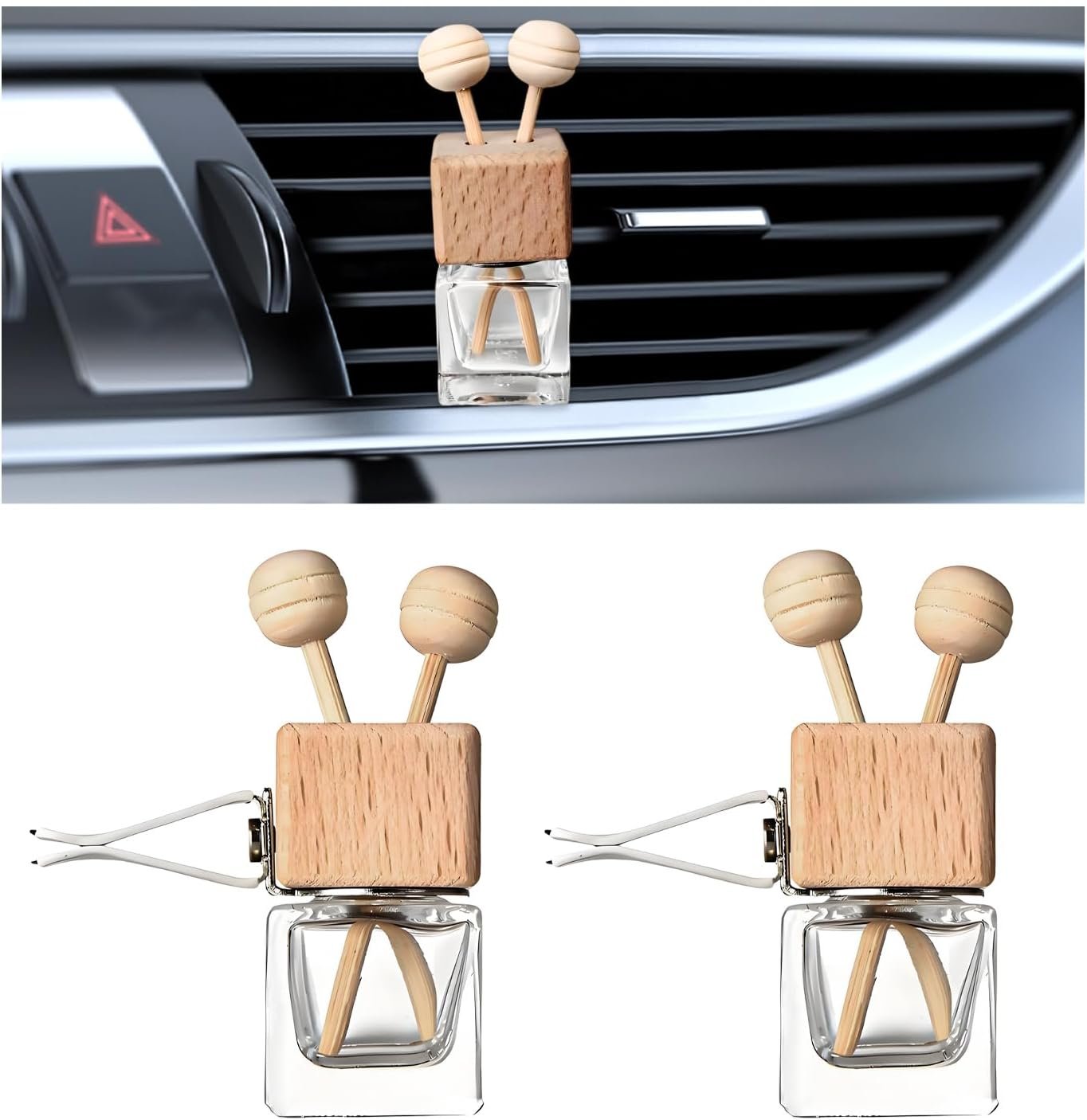 KVAEY 2PCS Car Diffuser Air Freshener Bottle, Refillable Empty Glass Perfume Bottles with Vent Clip, Universal Essential Oil Diffuser for Most Vehicles, Interior Car Accessories (2PCS)