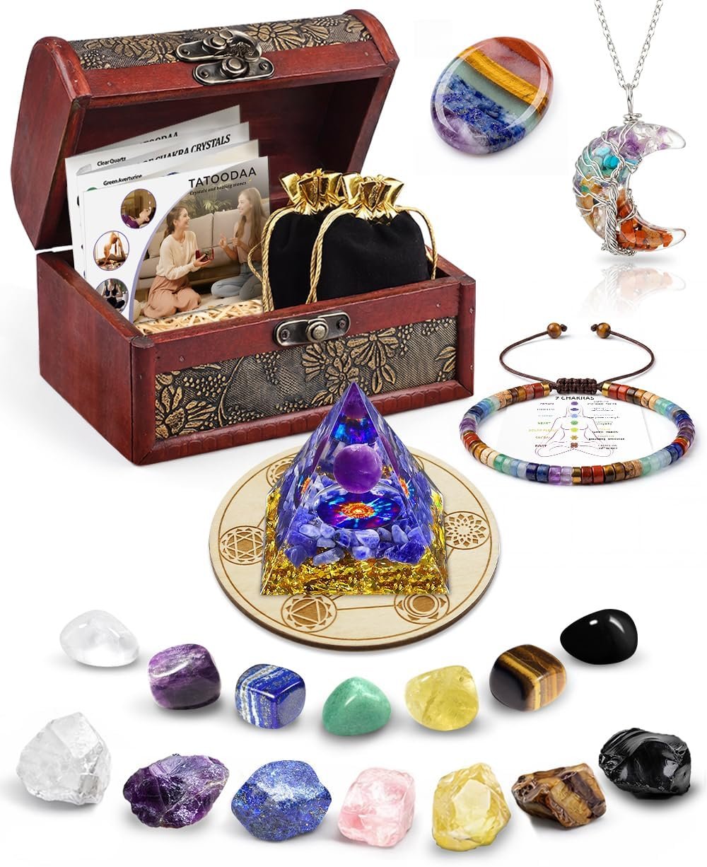 Crystals and Healing Stones Set – Chakra Crystals Gift for Women, Thumb Worry Stones, Chakra Bracelets, 7 Chakra Stones Set, Orgone Pyramid for Positive Energy Balance, Birthday Gifts for Women