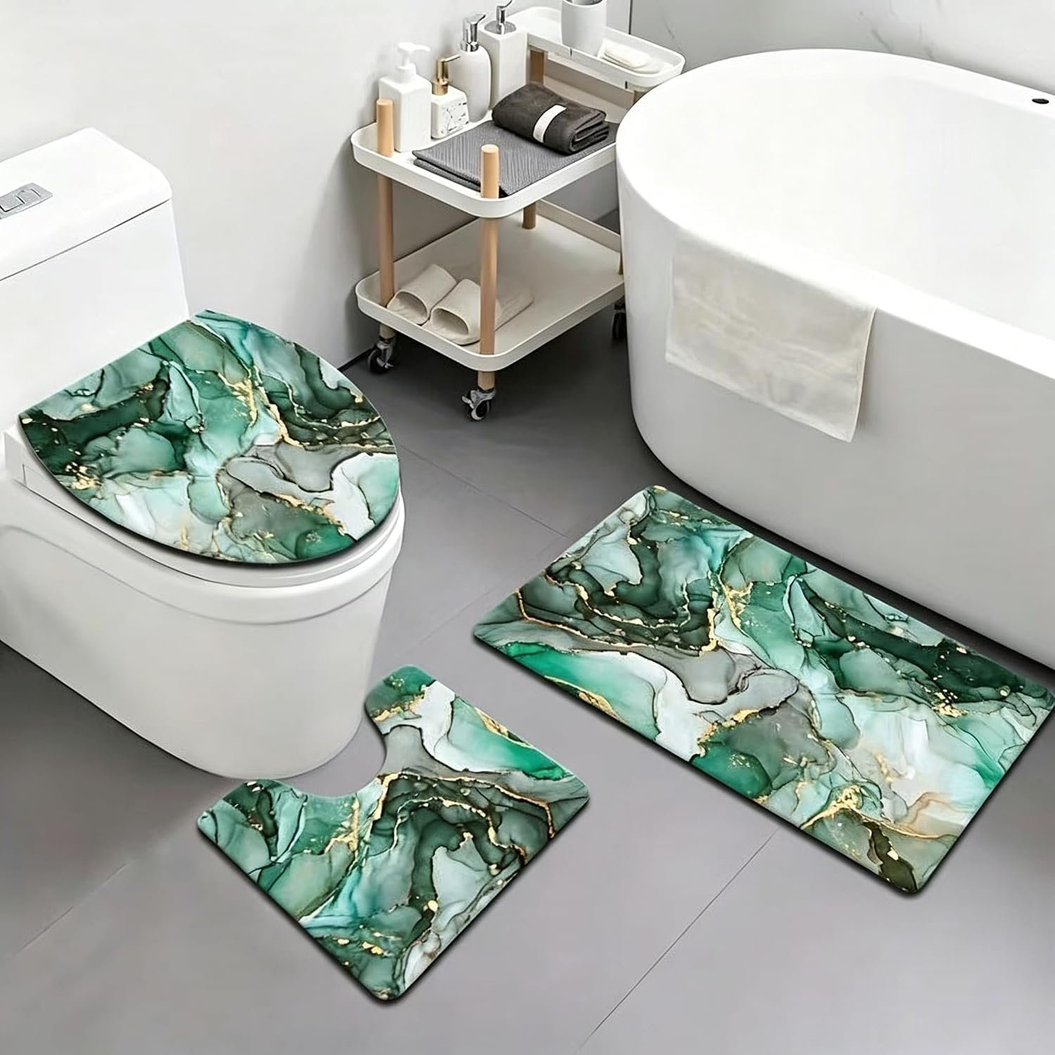 Luxury 3pc Bath Set: No-Strap Toilet Lid Cover & 2 Non-Slip Bath Mats, Green Marble Velvet, Easy-Lift Design, Machine Washable, Silicone Backing