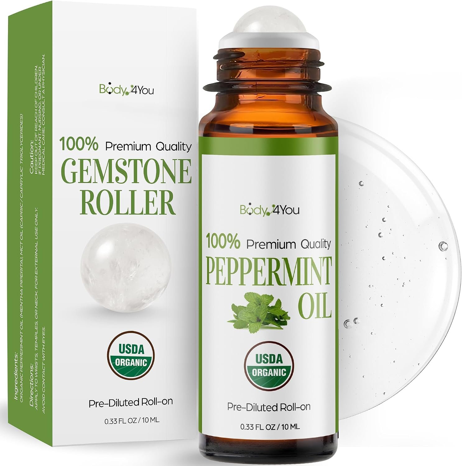 BodyJ4You Peppermint Essential Oil Roll-On – Cooling Energizing Fresh Focus | 100% Pure USDA Organic Pre-Diluted MCT – Cooling Fresh Mint Aroma for Temples Wrists Pulse Points Neck – Gemstone Roller 10ml