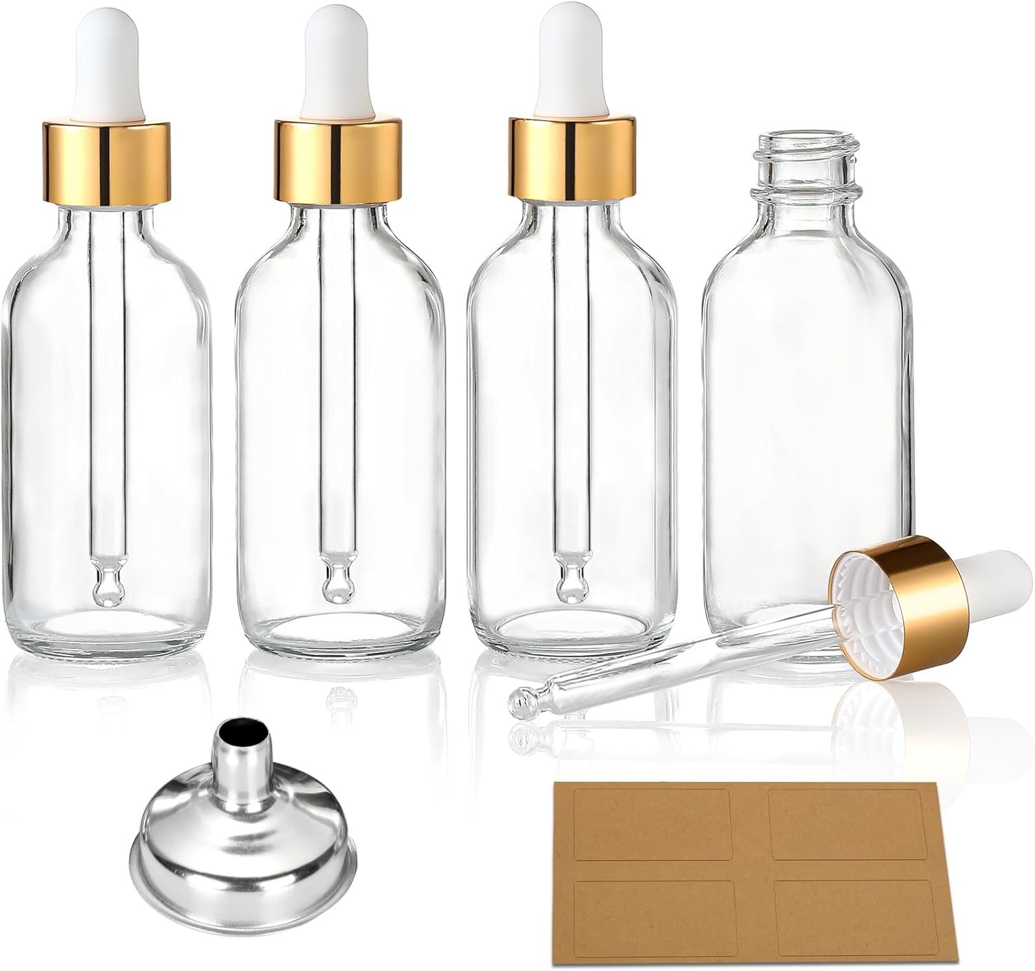 AOZITA 4 Pcs, 1 oz Golden Cap Clear Dropper Bottles (30ml) with 1 Funnel & 4 Labels – Glass Tincture Bottles with Eye Droppers – Leakproof Essential Oil Bottles for Health, Personal Care & Beauty