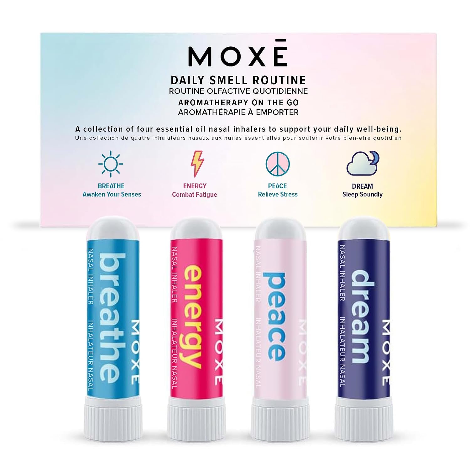MOXE Daily Aromatherapy Nasal Inhalers Set, All Day Aromatherapy, Therapeutic Grade Essential Oils, Easy & Safe, Leakproof, Portable, Clear Congestion, Improve Energy, Naturally Calming & Relaxing