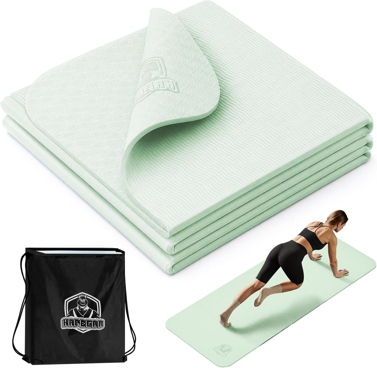 HAPBEAR Foldable Yoga Mat – 72″x24″x0.24″ (6mm), Non-Slip TPE Exercise Mat for Home Workout, Yoga, Pilates,Stretching, & Travel, Durable & Eco-Friendly, Includes Carry Bag