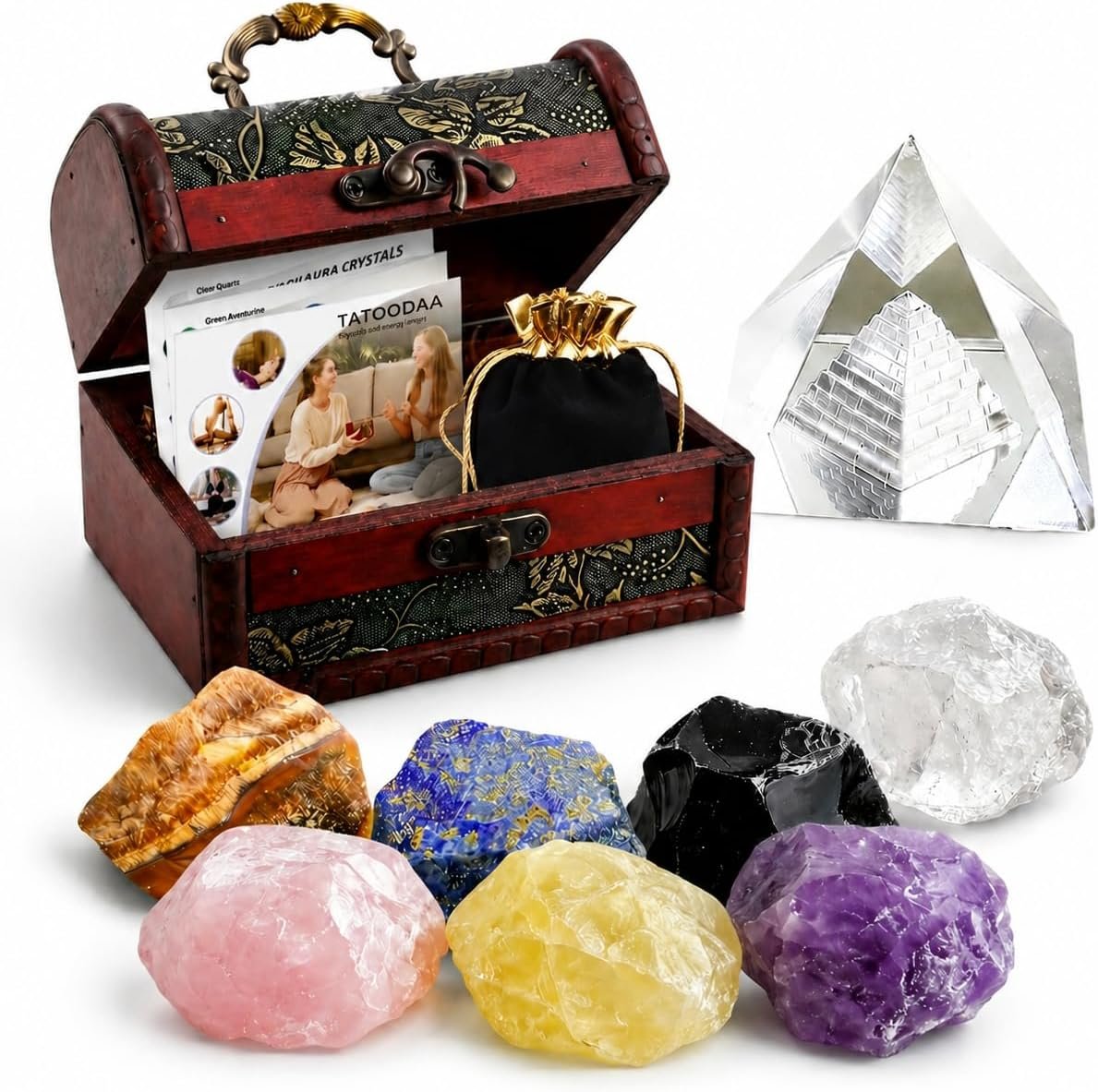 Crystals and Healing Stones, 9 Pcs Healing Crystals Set, 7 Chakra Crystal Stones Set Real Natural Selenite Pyramid Reiki Raw Rock Energy Protection Meditation with Wooden Box, Crystal Gifts for Women