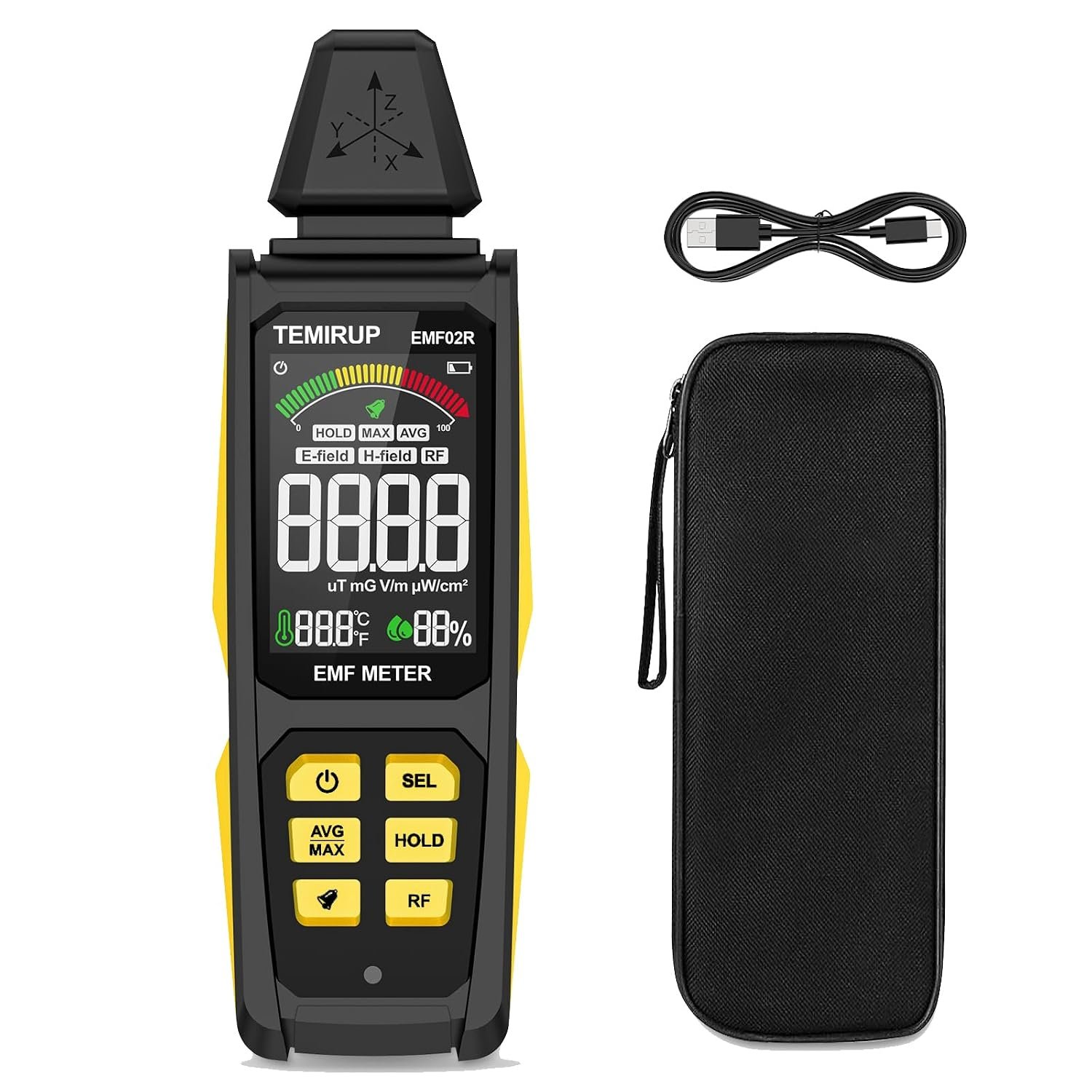 5-in‑1 EMF Detector, Electromagnetic Field Radiation Detector for EF, RF, MF, WiFi,5G Signal, Temperature/Humidity Measurement, Rechargeable EMF Meter for Home, Office, and Paranormal Investigation