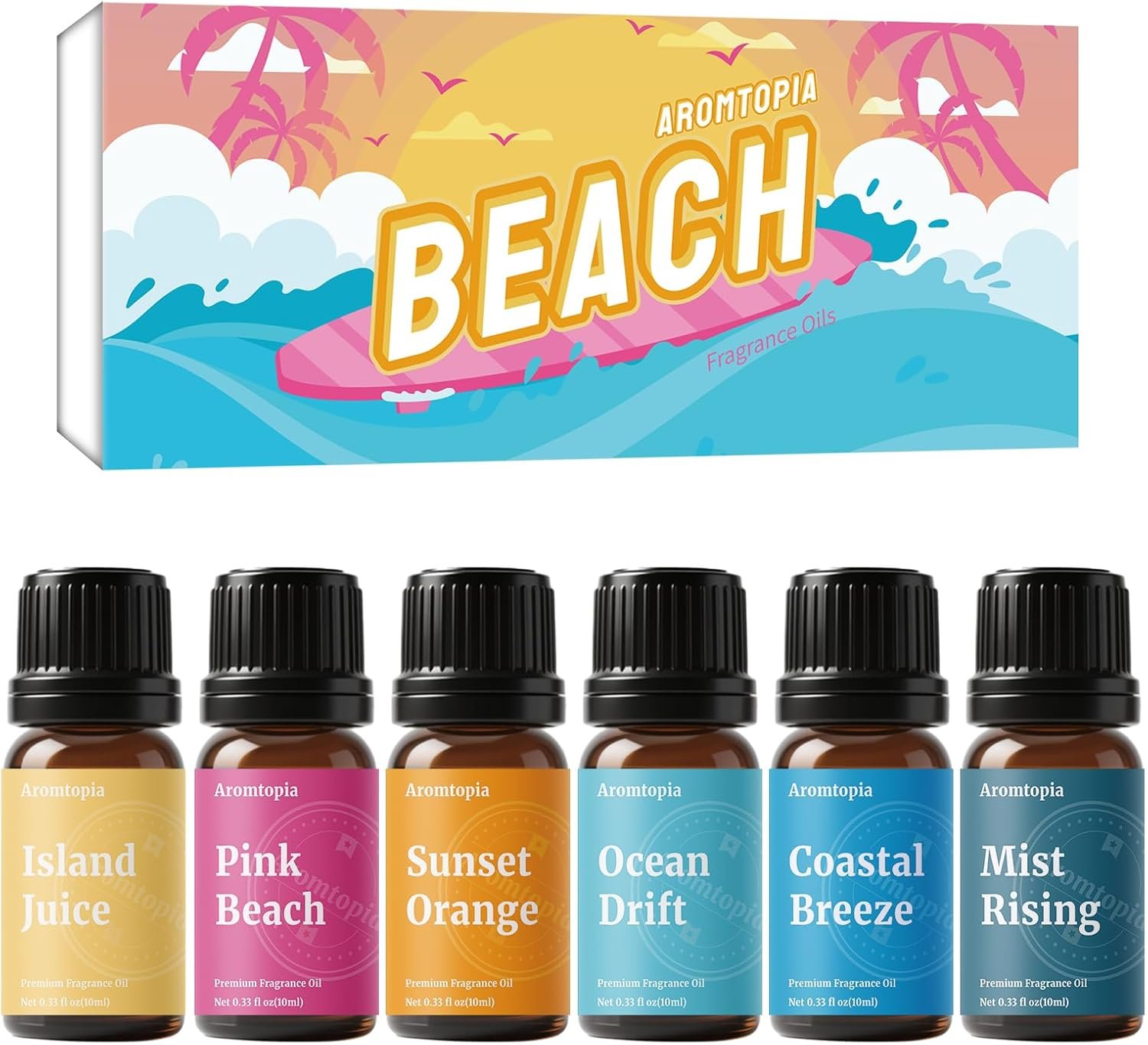 Beach Essential Oils, Aromtopia Diffuser Fragrance Oils Set, 6x10ml, Essential Oils for Diffusers for Home, Candle Soap Making Scents, Pink Beach, Ocean Drift, Coastal Breeze and More