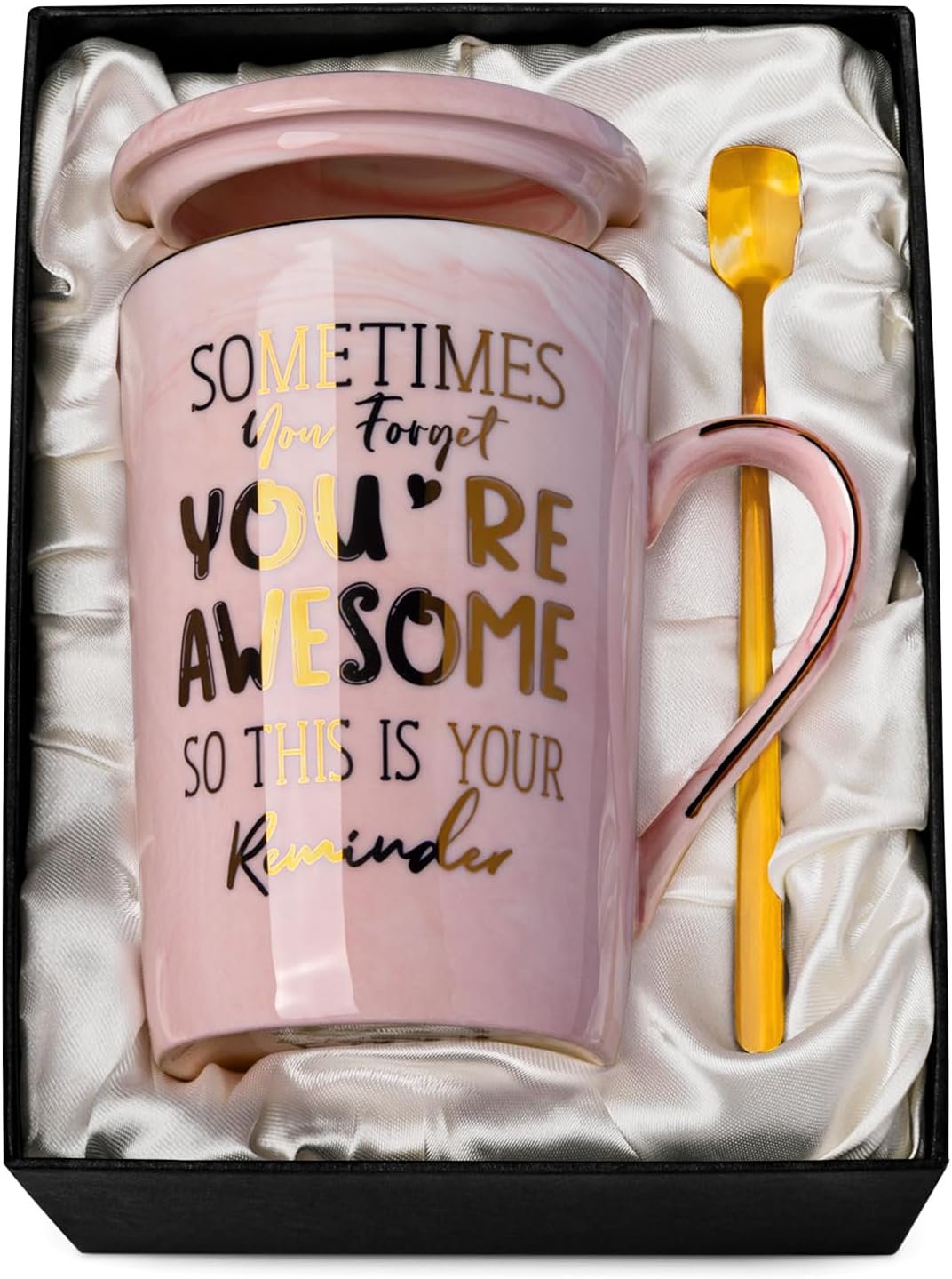 Birthday Thank You Gifts for Women, Sometimes You Forget You’re Awesome Coffee Mug, Inspirational Christmas Gift for Her, Boss Lady Employee Coworker, 14oz Pink Marble Gold Print Cup, Nice Gift Boxed