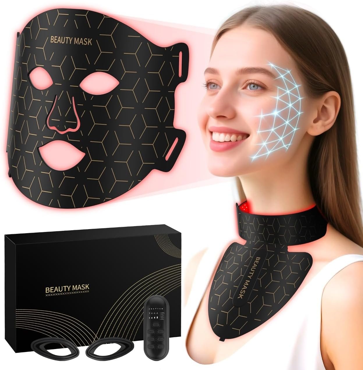 FDA-Cleared Red Light Therapy for Face & Neck, Rechargeable 7-in-1 LED with 850nm & 660nm NIR, Hands-Free Silicone for Anti-Aging, Wrinkle Reduction & Sensitive Skin During Yoga or Work