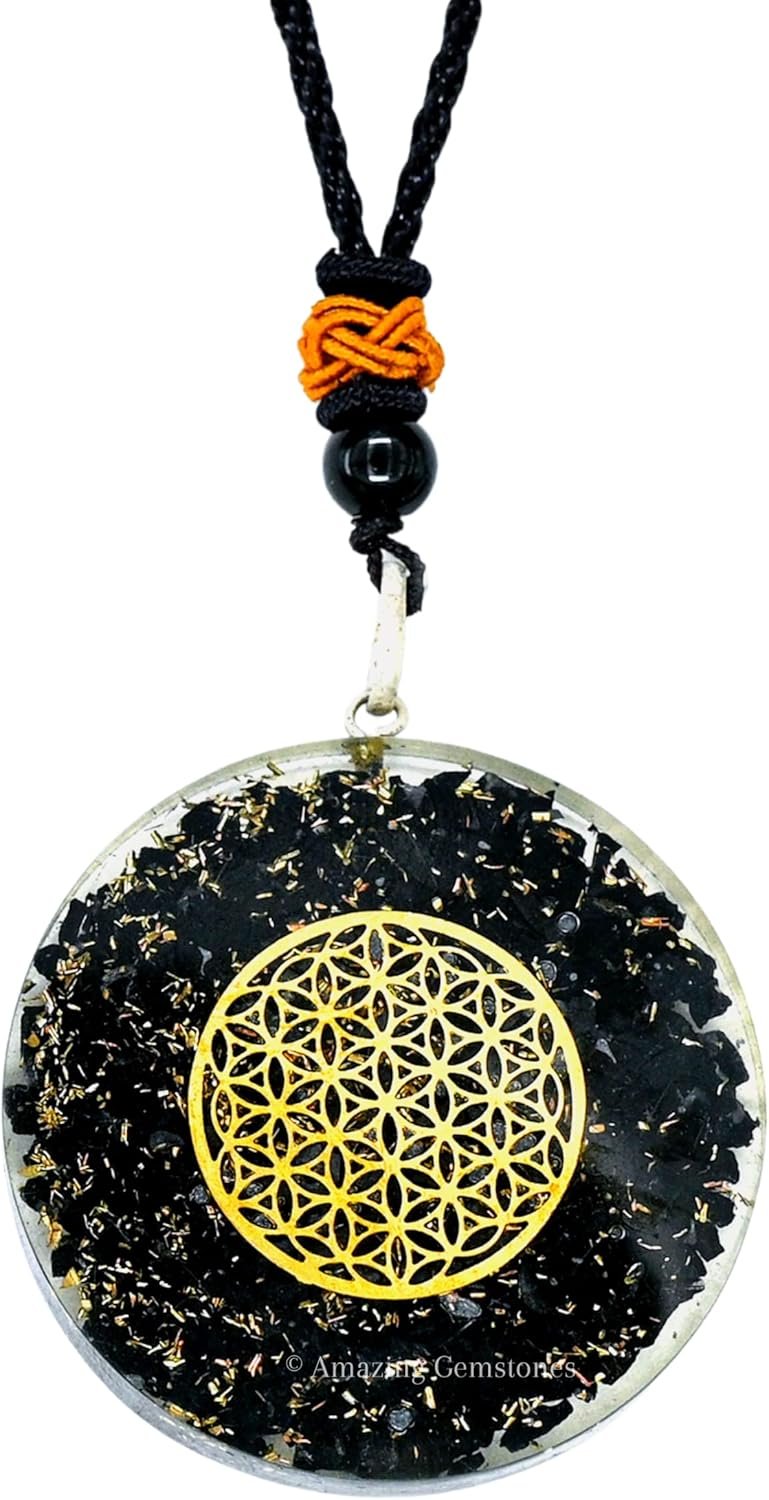 Amazing Gemstone Shungite Round Orgonite Pendant Necklace for Protection – Powerful Orgone Pendant for Men, Women (Flower of Life)
