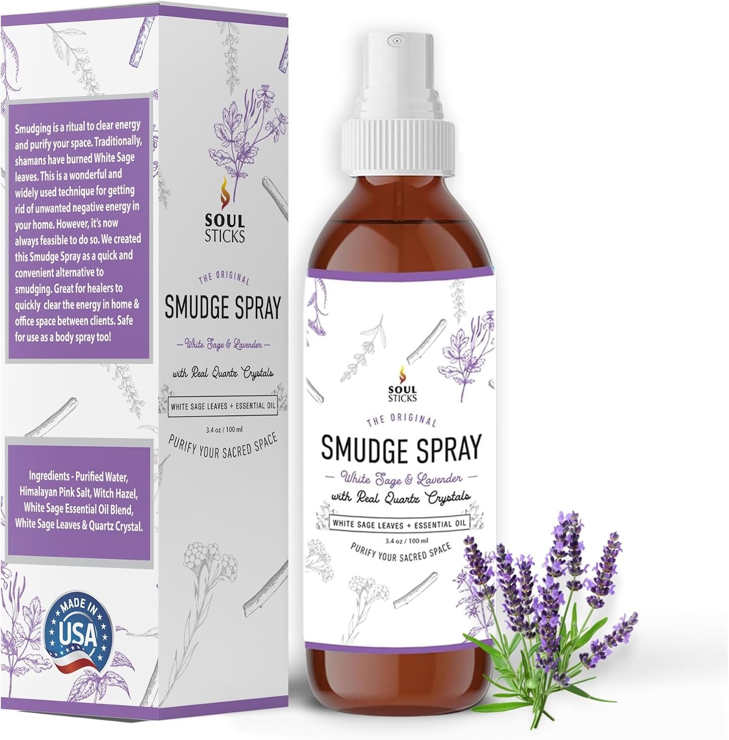 SOUL STICKS White Sage & Lavender Smudge Spray – 3.5oz Smokeless Mist with Quartz Crystals – Calming Essential Oil Spray for Sleep, Stress Relief, Meditation, and Energy Cleansing