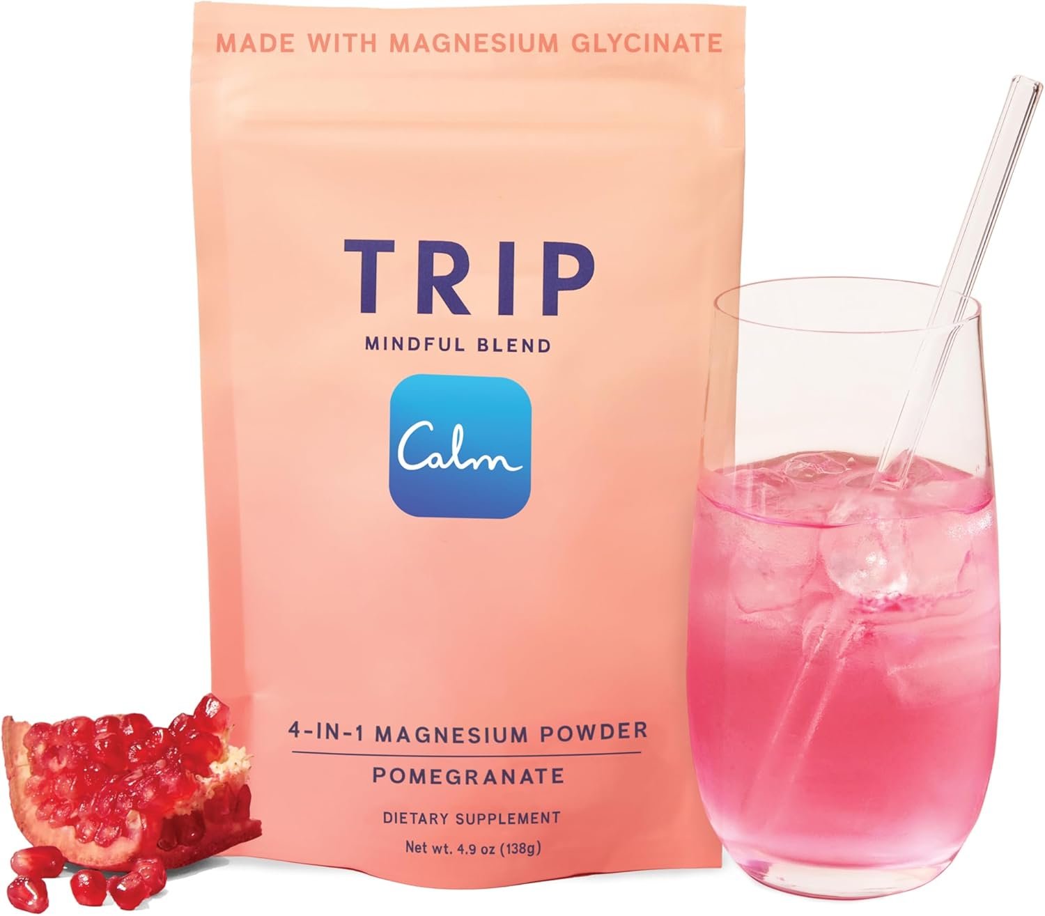 TRIP Magnesium Glycinate Powder with L-Theanine & Lion’s Mane, Sugar Free Magnesium Supplement for Adults, 250mg Magnesium per Drink Mix Serving, Pomegranate Orange Blossom, 1 Bag – 30 Servings