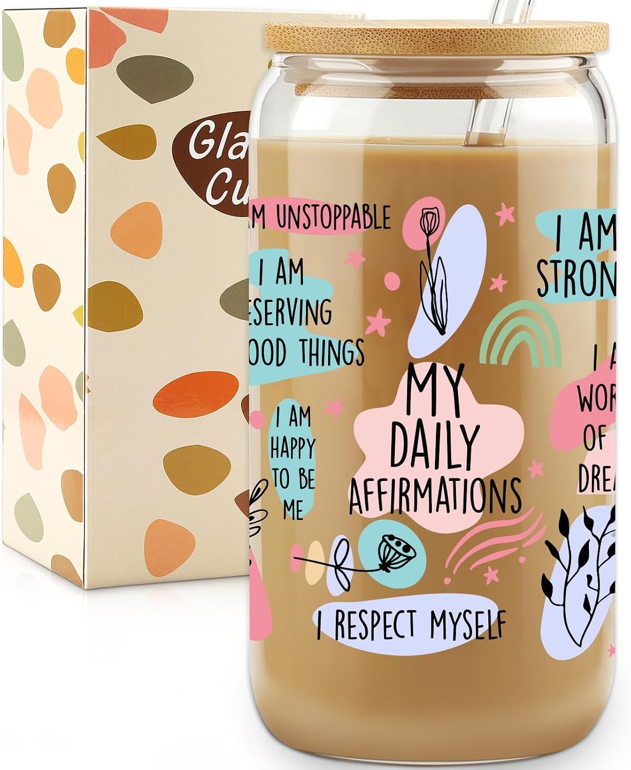 Daily Affirmations Glass Cup, Iced Coffee Tumbler with Positive Quotes, Mental Health, Self Care, Inspirational, Motivational Gifts for Women Friends, Graduation, Cheer Up Gifts for Sister, Student