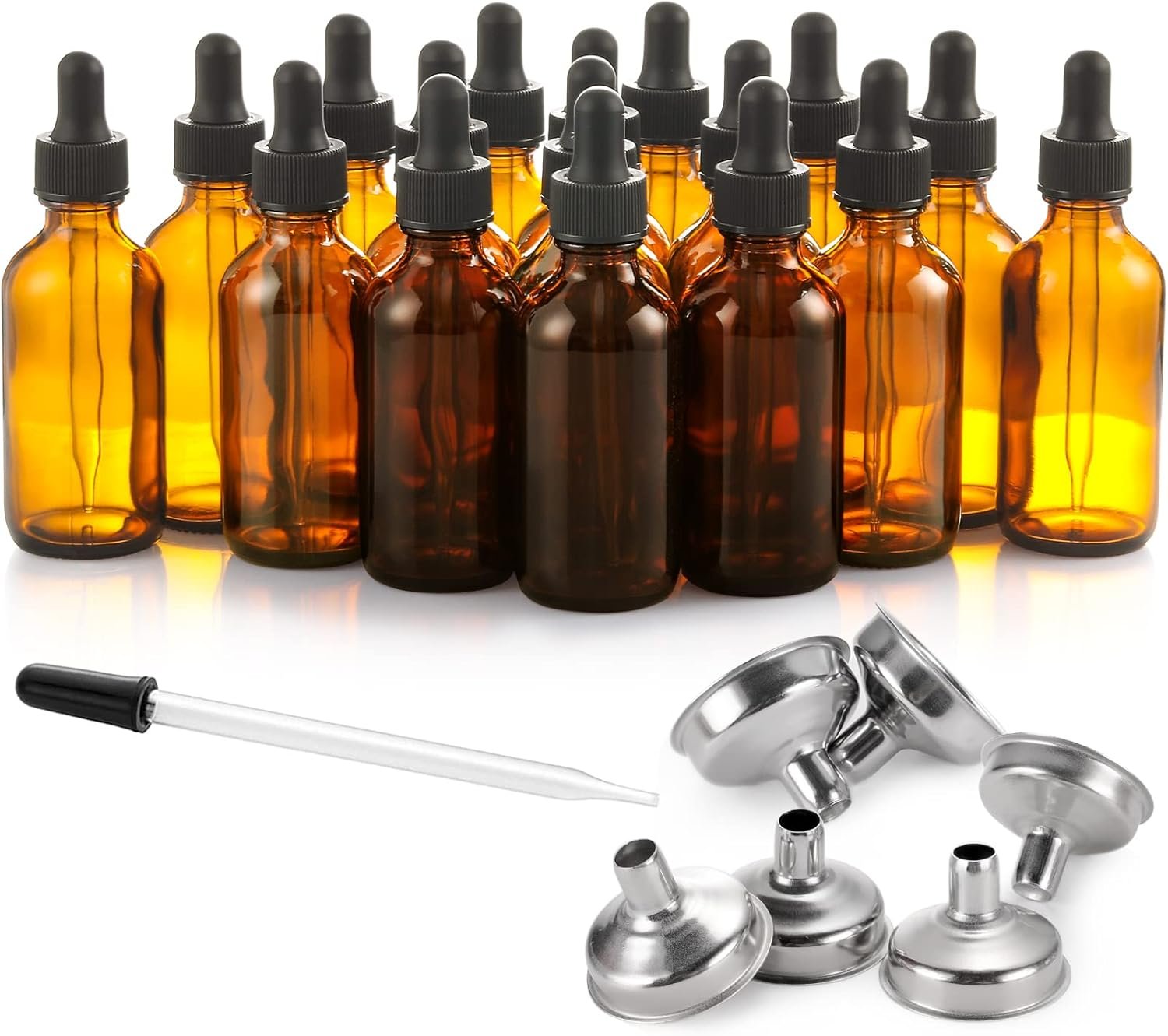 24 Pcs, 2 oz Dark Amber Dropper Bottles with 6 Small Funnels & 1 Long Glass Labels – 60ml Tincture Bottles w/ Eye Dropper for Essential Oils, Perfume, Hair Oil, Liquids – Leak Proof Travel Bottles