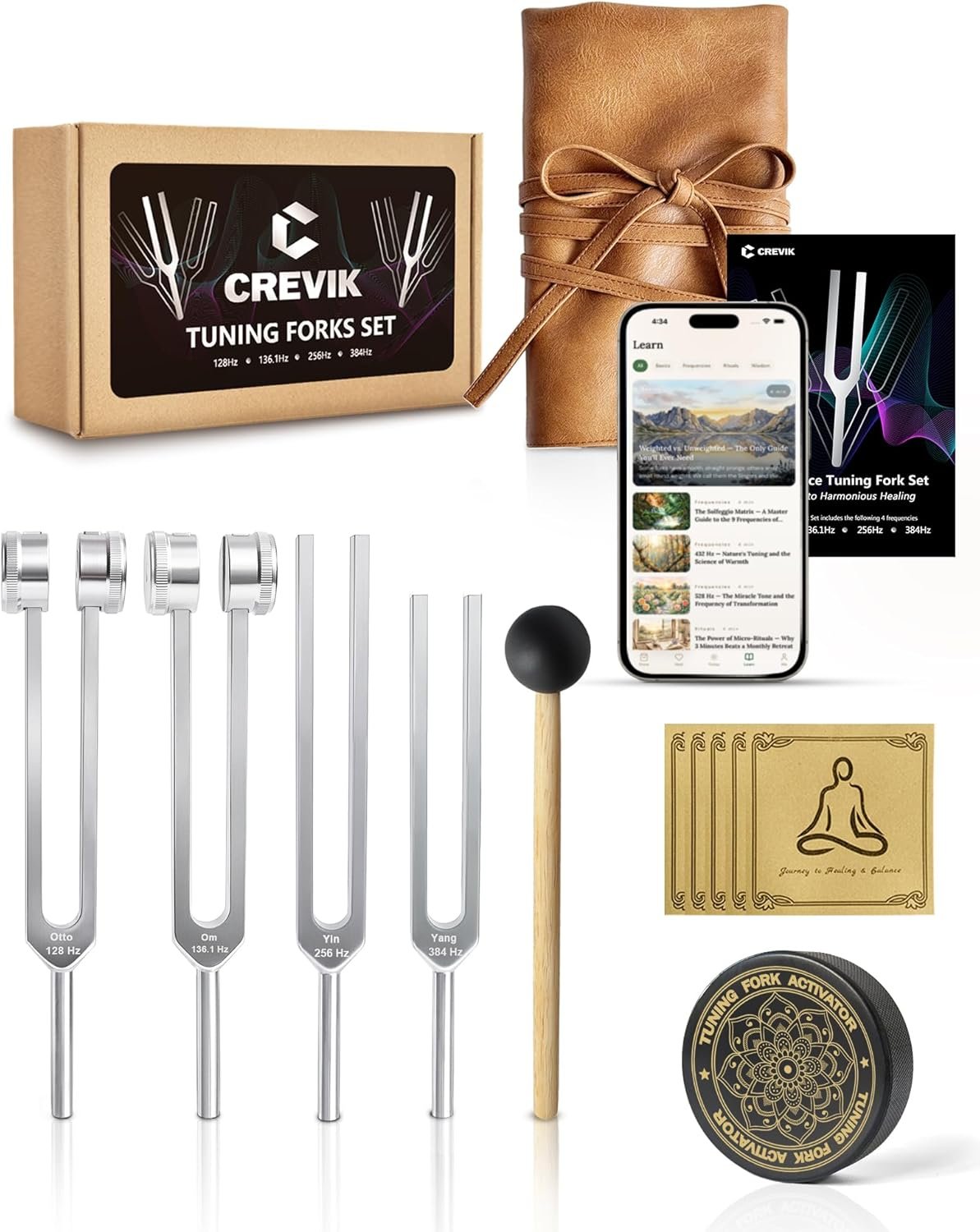 Tuning Forks for Healing Set – 128Hz, 136.1Hz, 256Hz, 384Hz Weighted & Unweighted Tuning Fork Kit for Starters & Beginners – Sound Therapy Instruments for Meditation & Yoga in Pouch