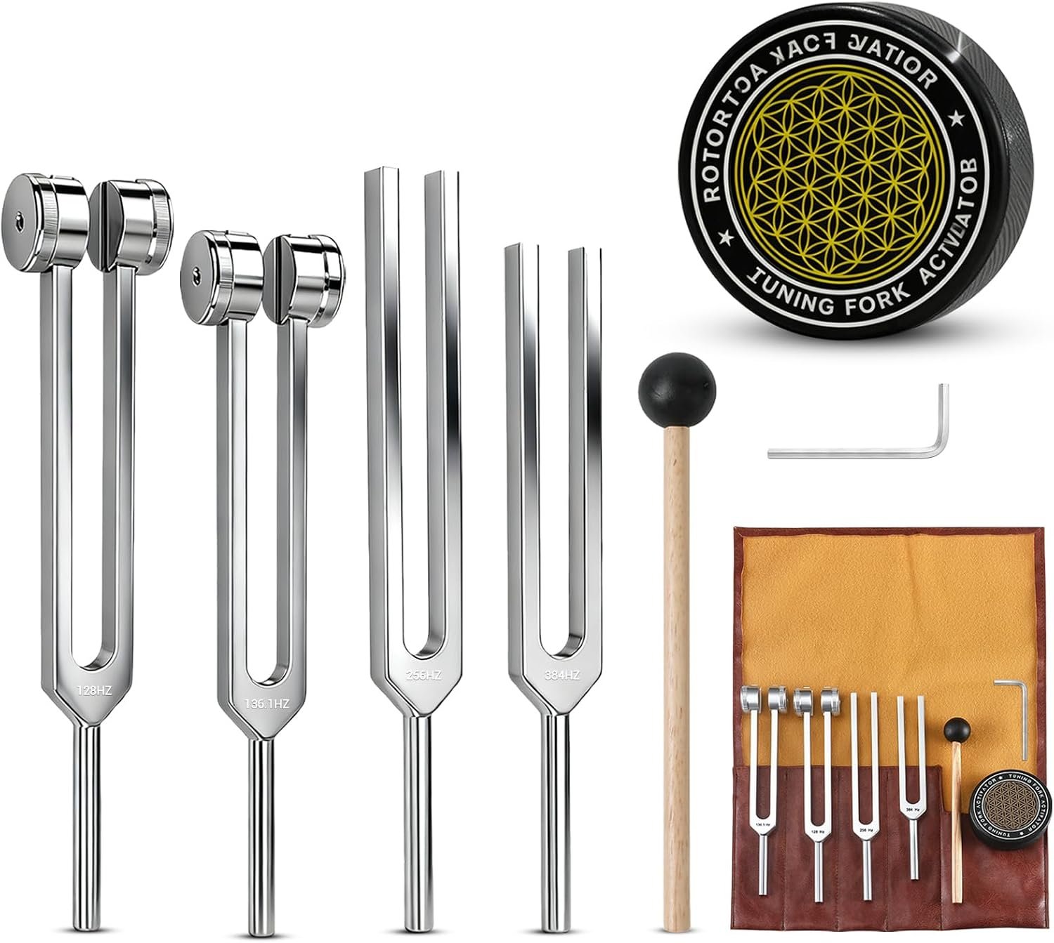 Tuning Forks for Healing Set (128Hz, 136.1Hz, 256Hz, 384Hz) with Activator & Wooden Mallet, Chakra Healing, Sound Therapy, Reiki, Yoga, Energy Balancing Tools