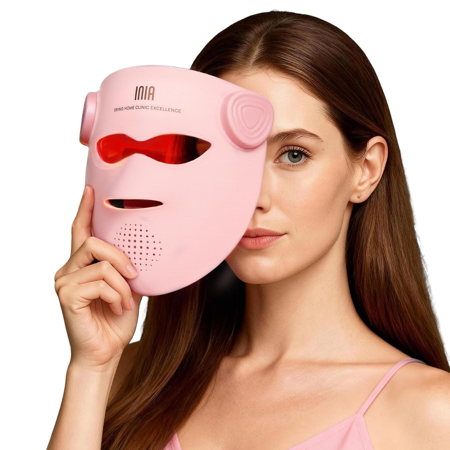 INIA Glow 4D Wireless Red Light Therapy Mask for face – Dual NIR, 320 LEDs, 4 Modes, Under-Eye Cooling, Cordless & Rechargeable LED Face Mask for Home & Travel, Skincare Gifts for Women Mom Wife, Pink